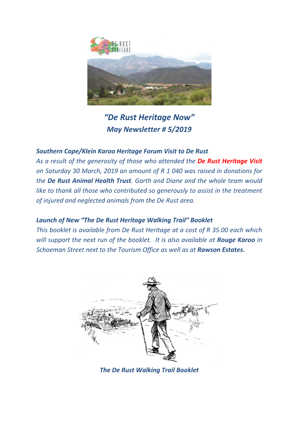 “De Rust Heritage Now” May Newsletter # 5/2019