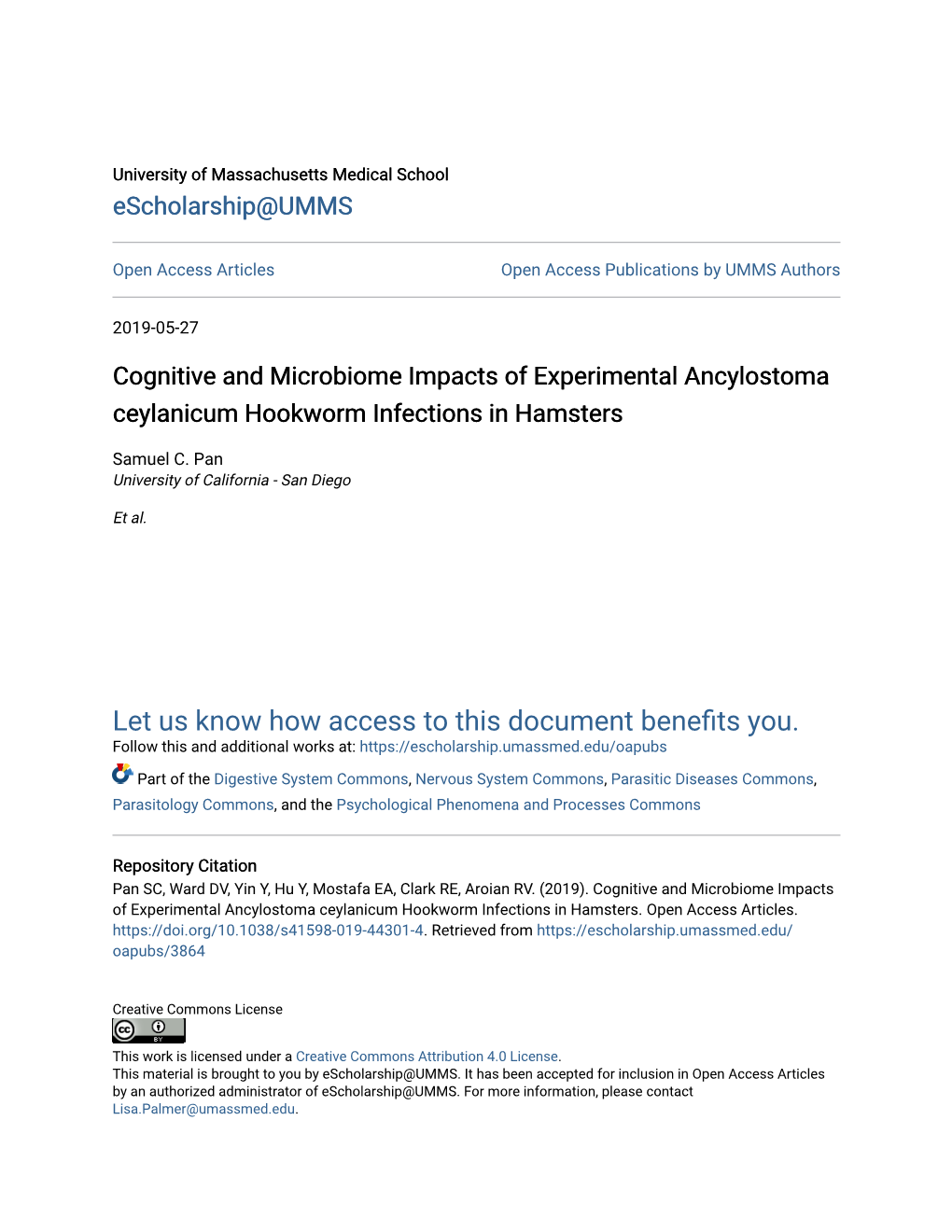 Cognitive and Microbiome Impacts of Experimental Ancylostoma Ceylanicum Hookworm Infections in Hamsters