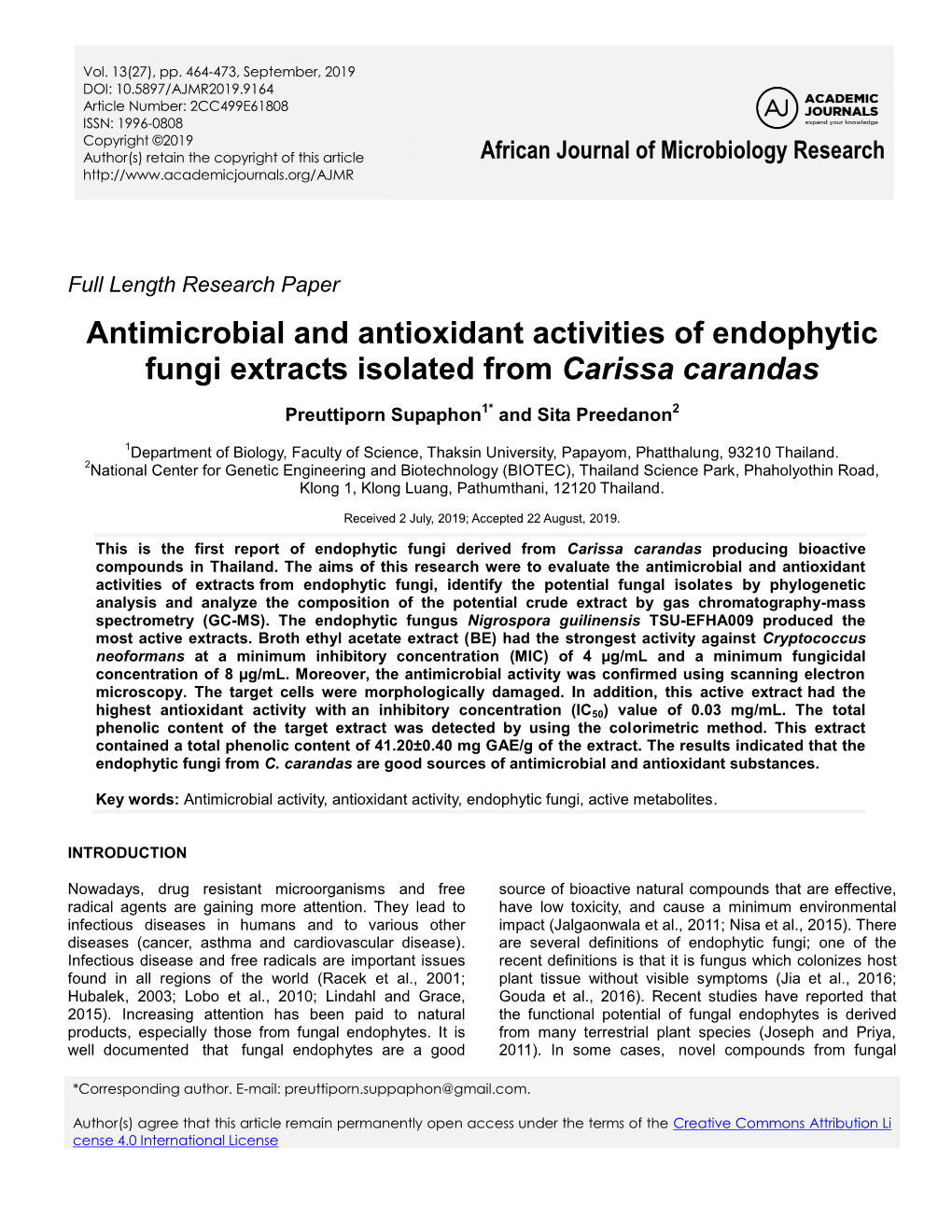 Antimicrobial and Antioxidant Activities of Endophytic Fungi Extracts Isolated from Carissa Carandas