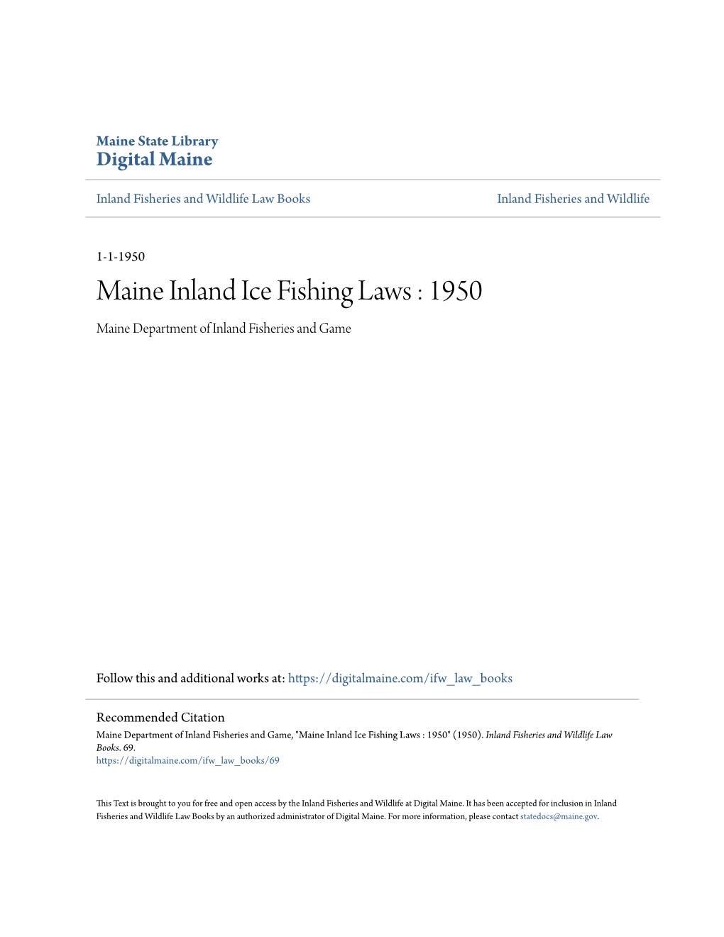 Maine Inland Ice Fishing Laws : 1950 Maine Department of Inland Fisheries and Game