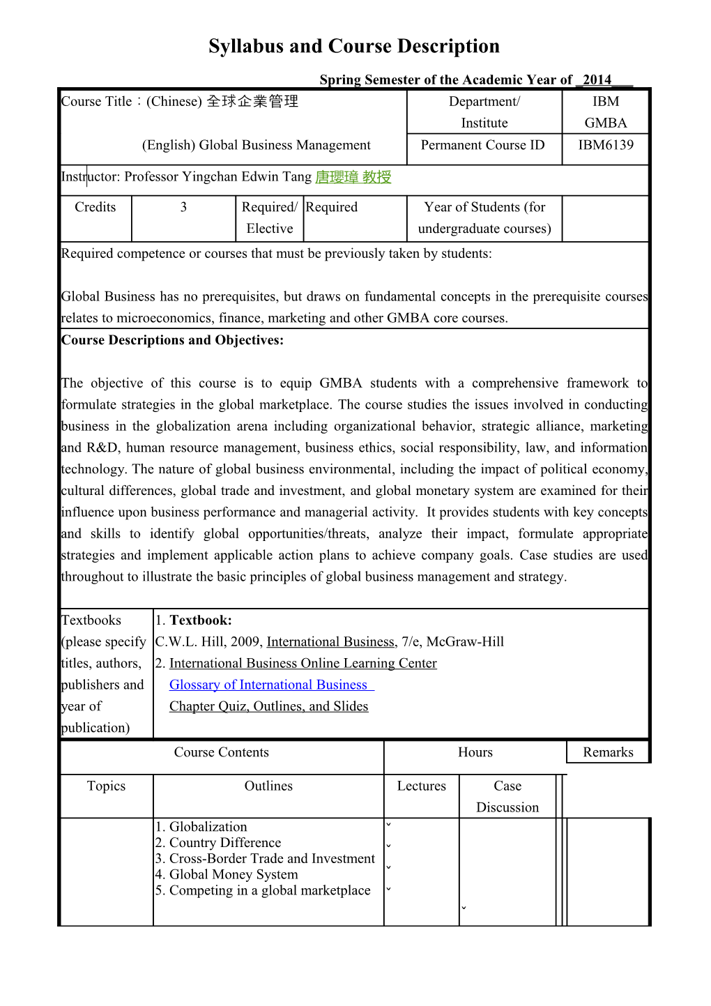 Syllabus and Course Description