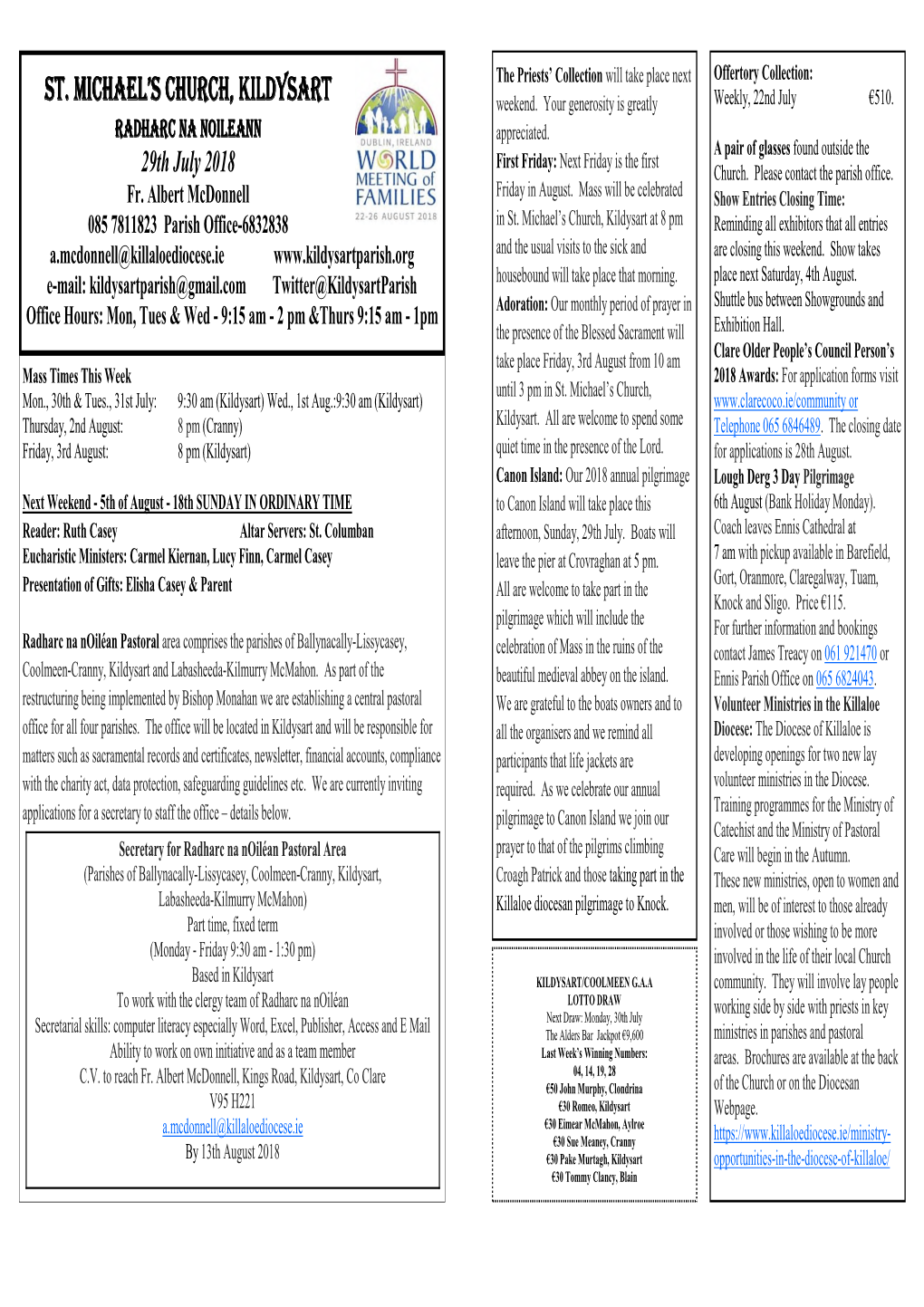 Kildysart Parish Newsletter 29Th July 2018