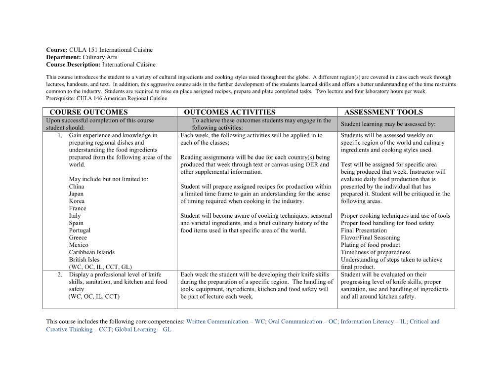 CULA151 – International Cuisine