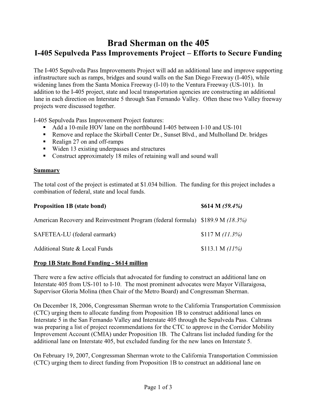 Brad Sherman on the 405 I-405 Sepulveda Pass Improvements Project – Efforts to Secure Funding