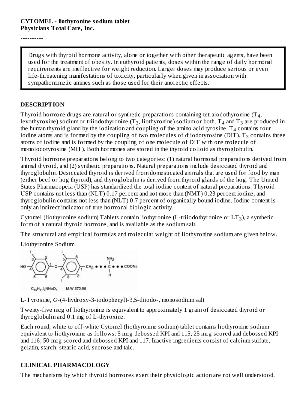 CYTOMEL - Liothyronine Sodium Tablet Physicians Total Care, Inc