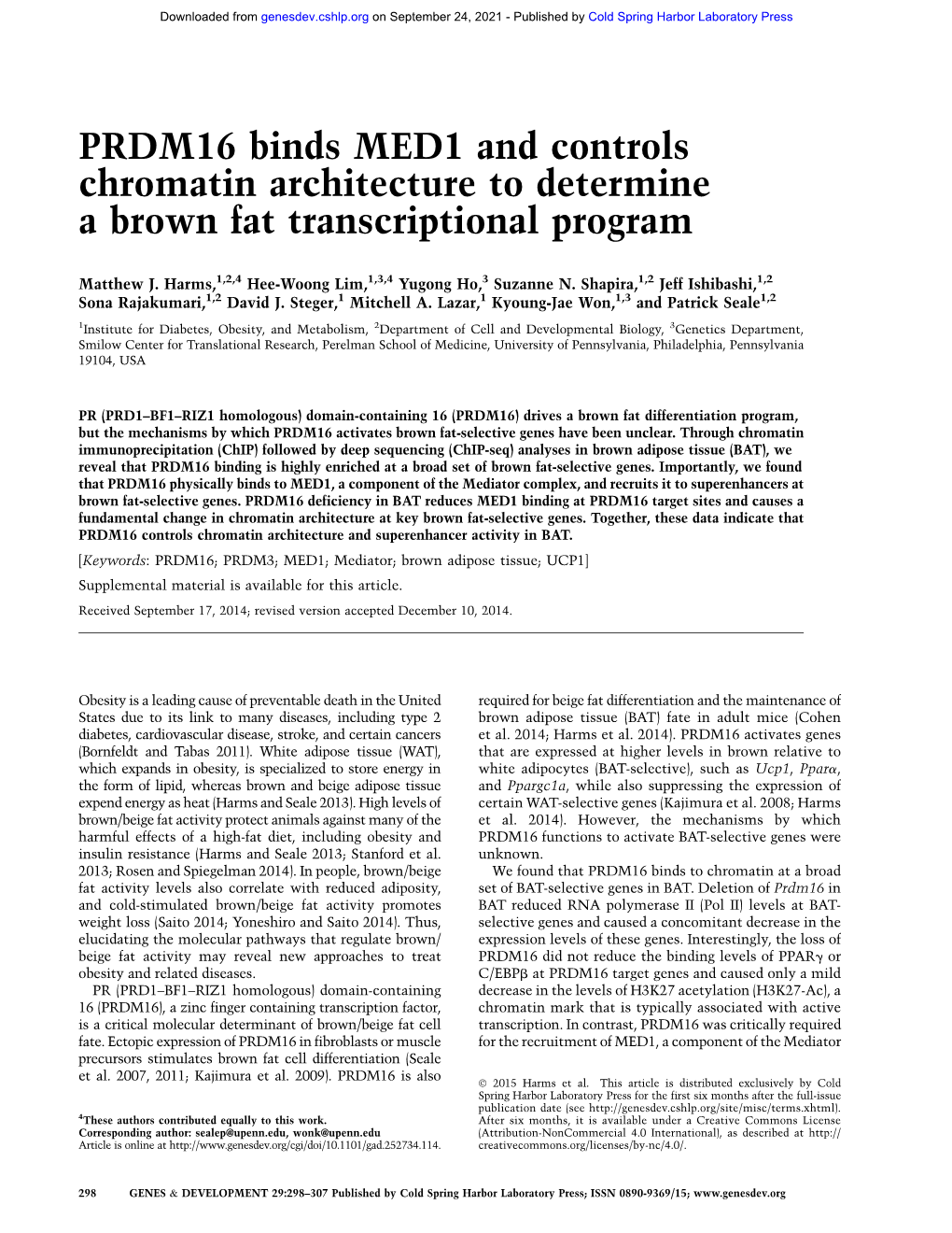 PRDM16 Binds MED1 and Controls Chromatin Architecture to Determine a Brown Fat Transcriptional Program