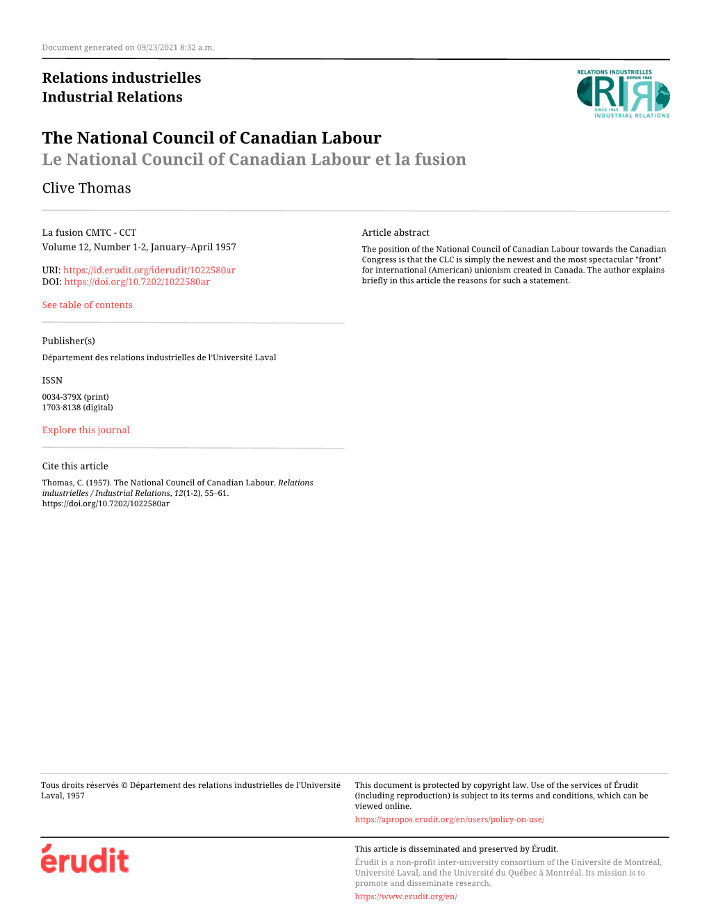The National Council of Canadian Labour Le National Council of Canadian Labour Et La Fusion Clive Thomas