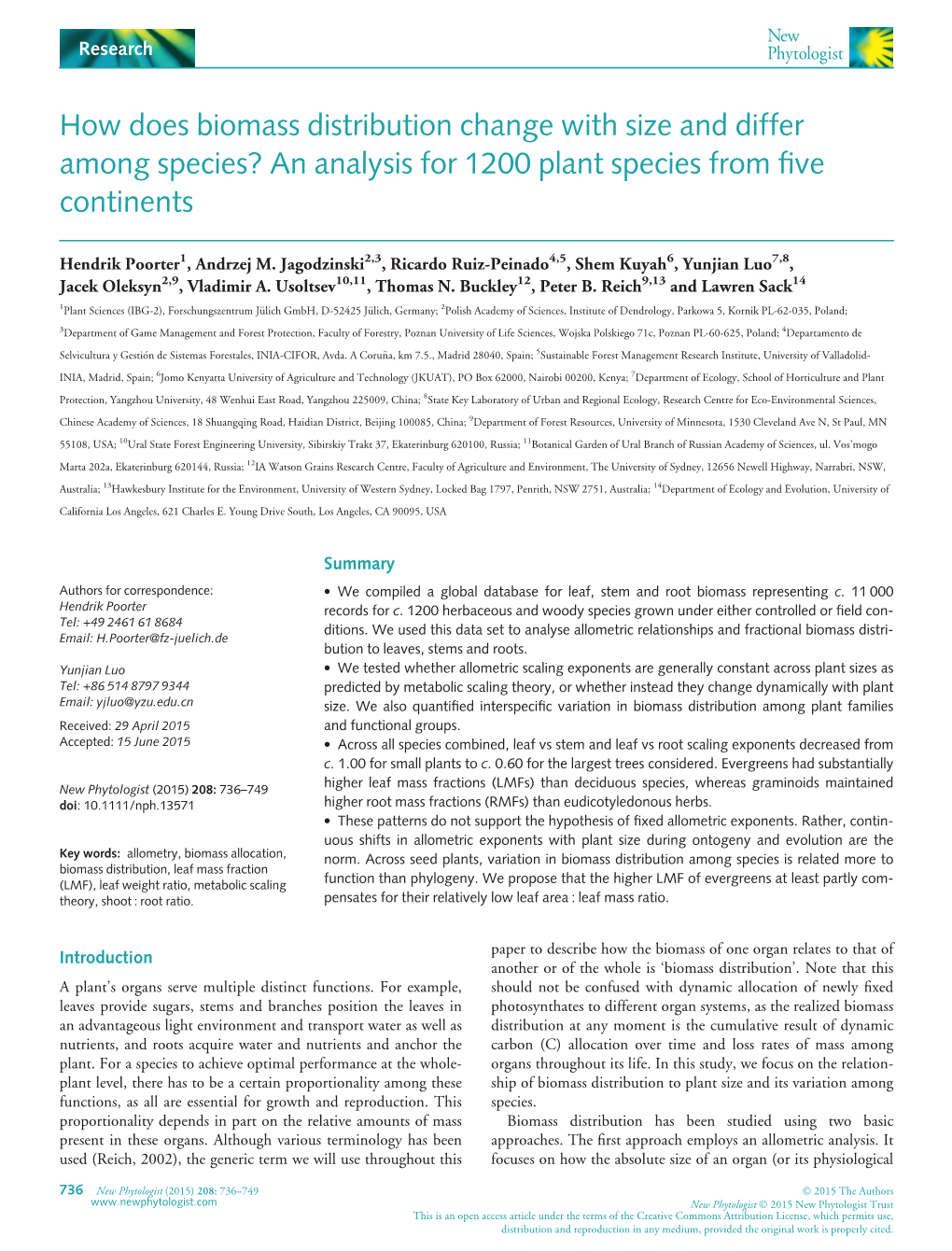 How Does Biomass Distribution Change with Size and Differ Among Species? an Analysis for 1200 Plant Species from Five Continents