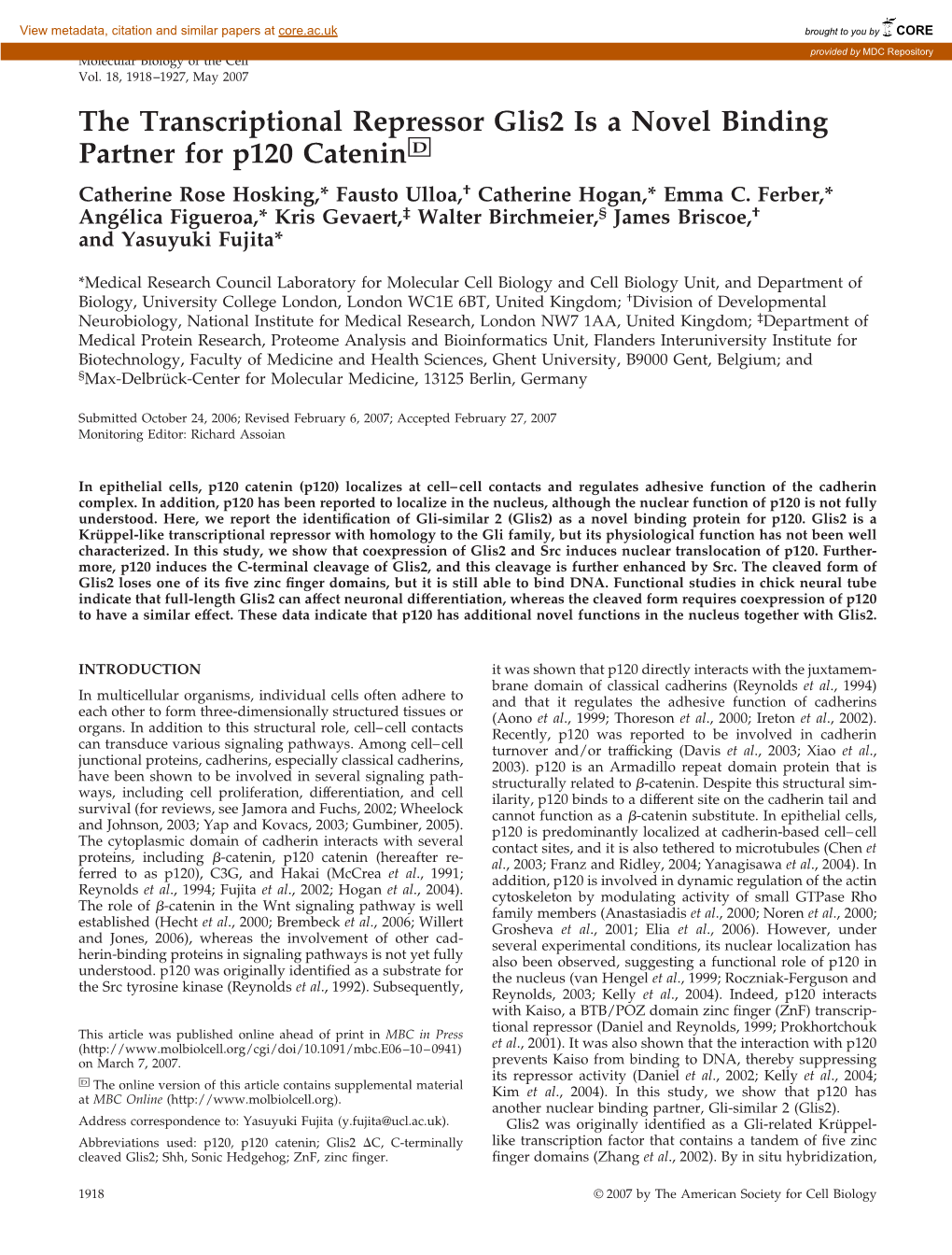 The Transcriptional Repressor Glis2 Is a Novel Binding Partner for P120 Catenin□D Catherine Rose Hosking,* Fausto Ulloa,† Catherine Hogan,* Emma C