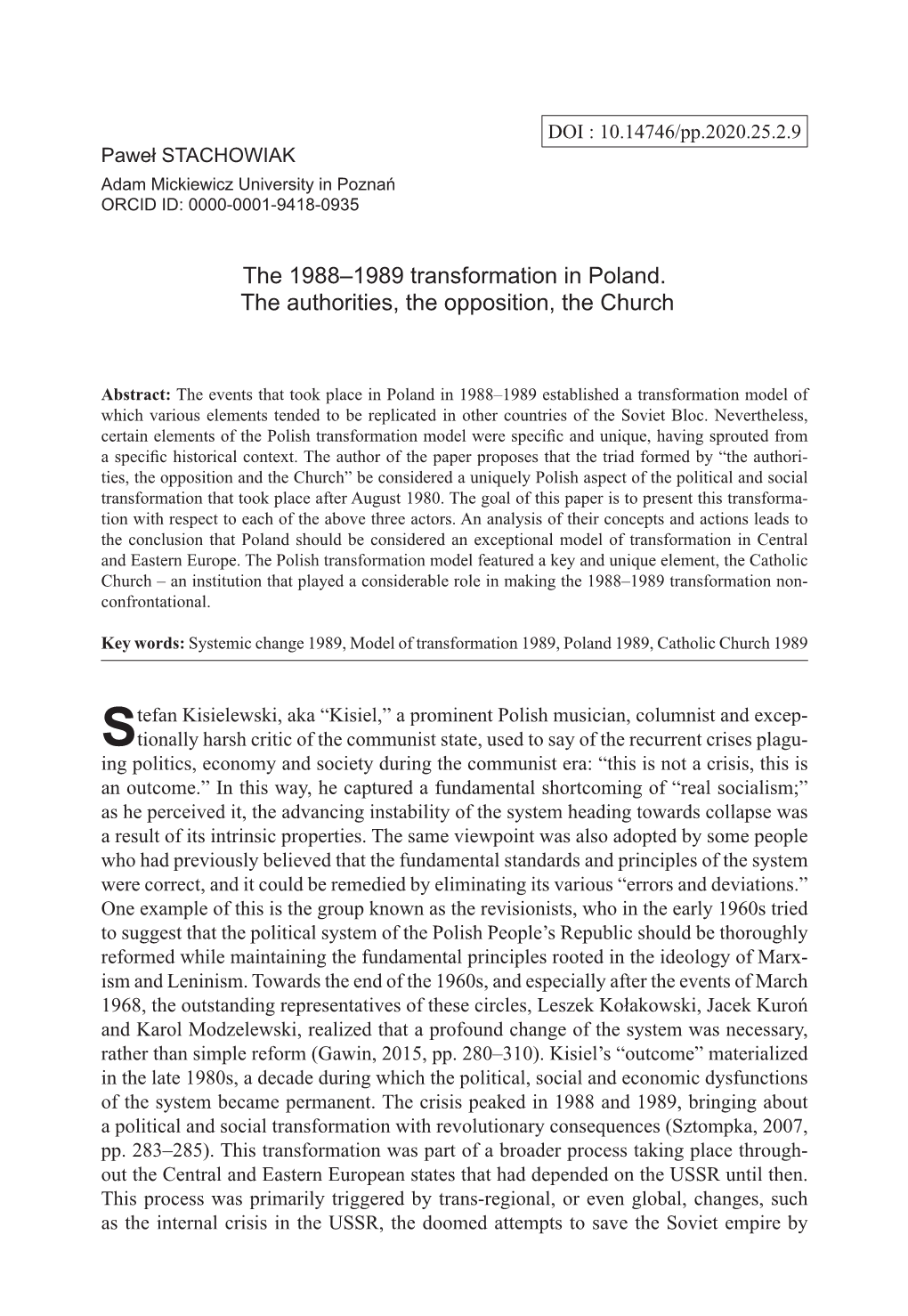 The 1988–1989 Transformation in Poland. the Authorities, the Opposition, the Church