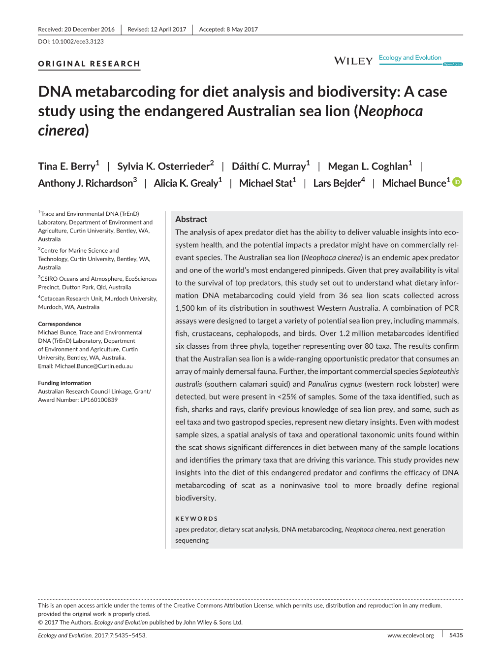 DNA Metabarcoding for Diet Analysis and Biodiversity: a Case Study Using the Endangered Australian Sea Lion (Neophoca Cinerea)
