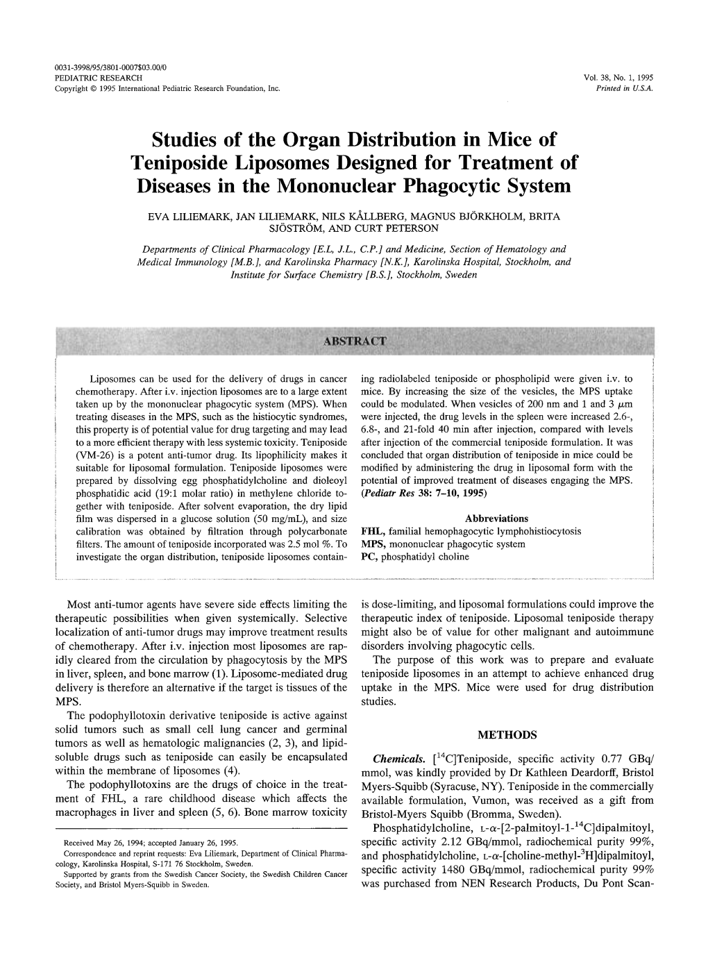 Studies of the Organ Distribution in Mice of Teniposide Liposomes Designed for Treatment of Diseases in the Mononuclear Phagocytic System