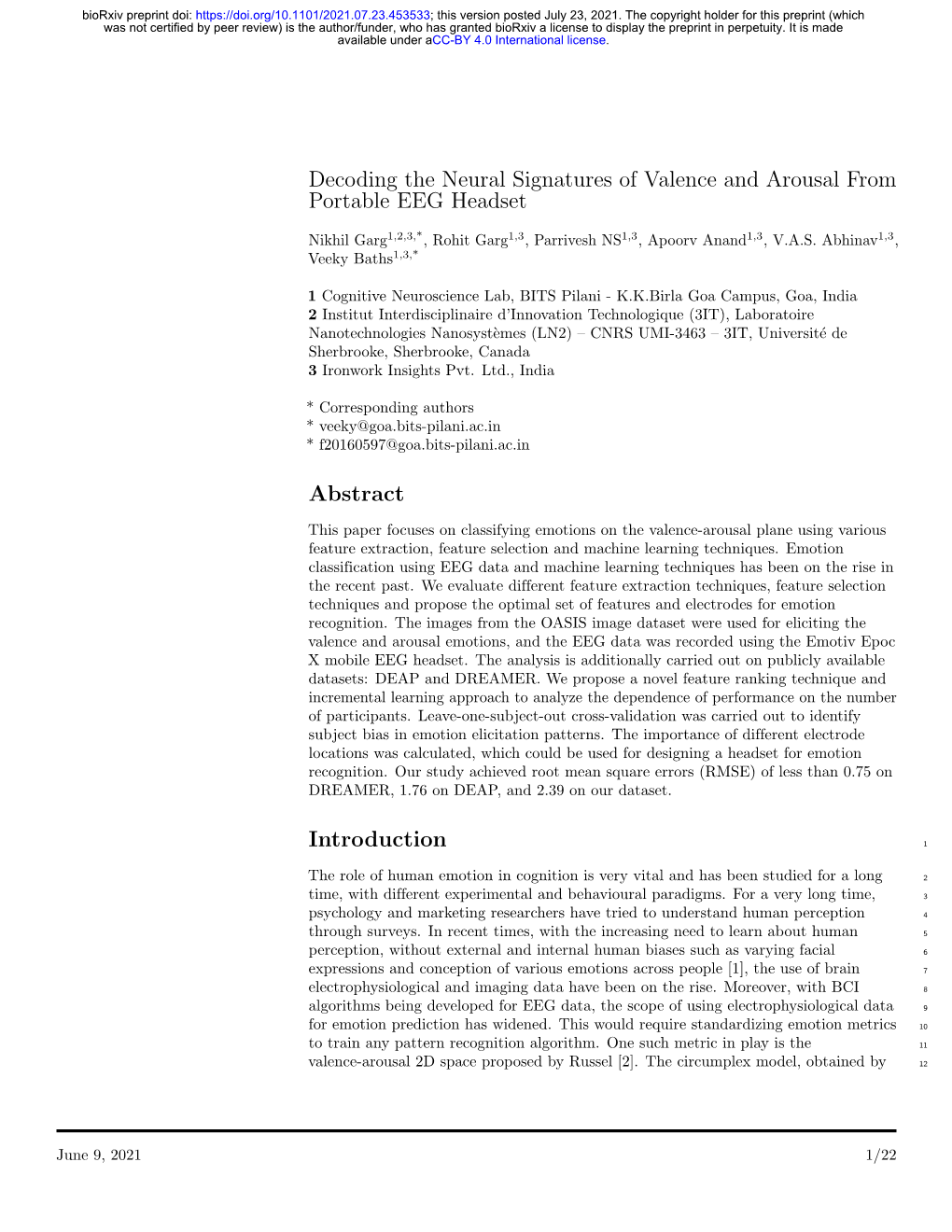 Decoding the Neural Signatures of Valence and Arousal from Portable EEG Headset