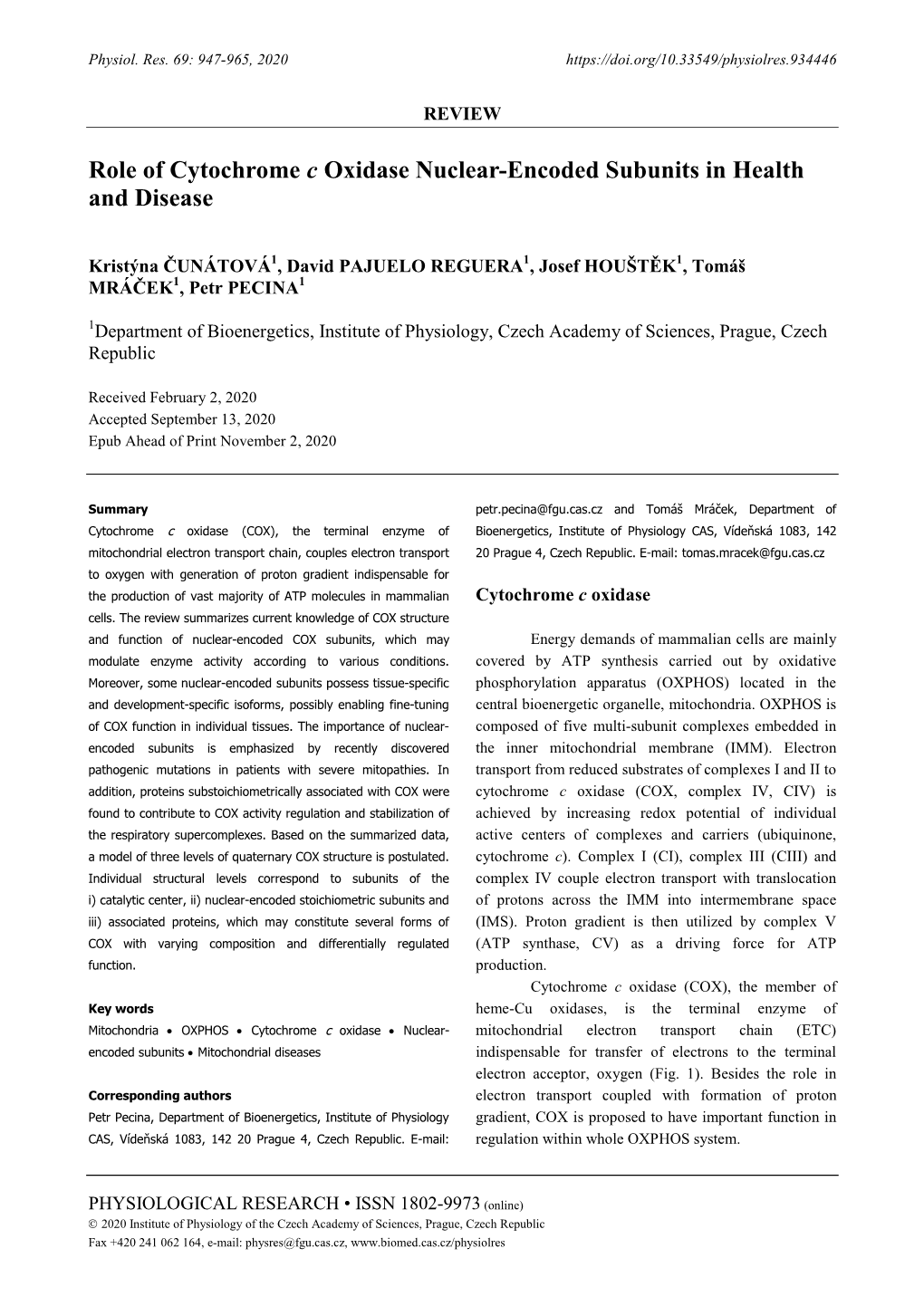 Role of Cytochrome C Oxidase Nuclear-Encoded Subunits in Health and Disease