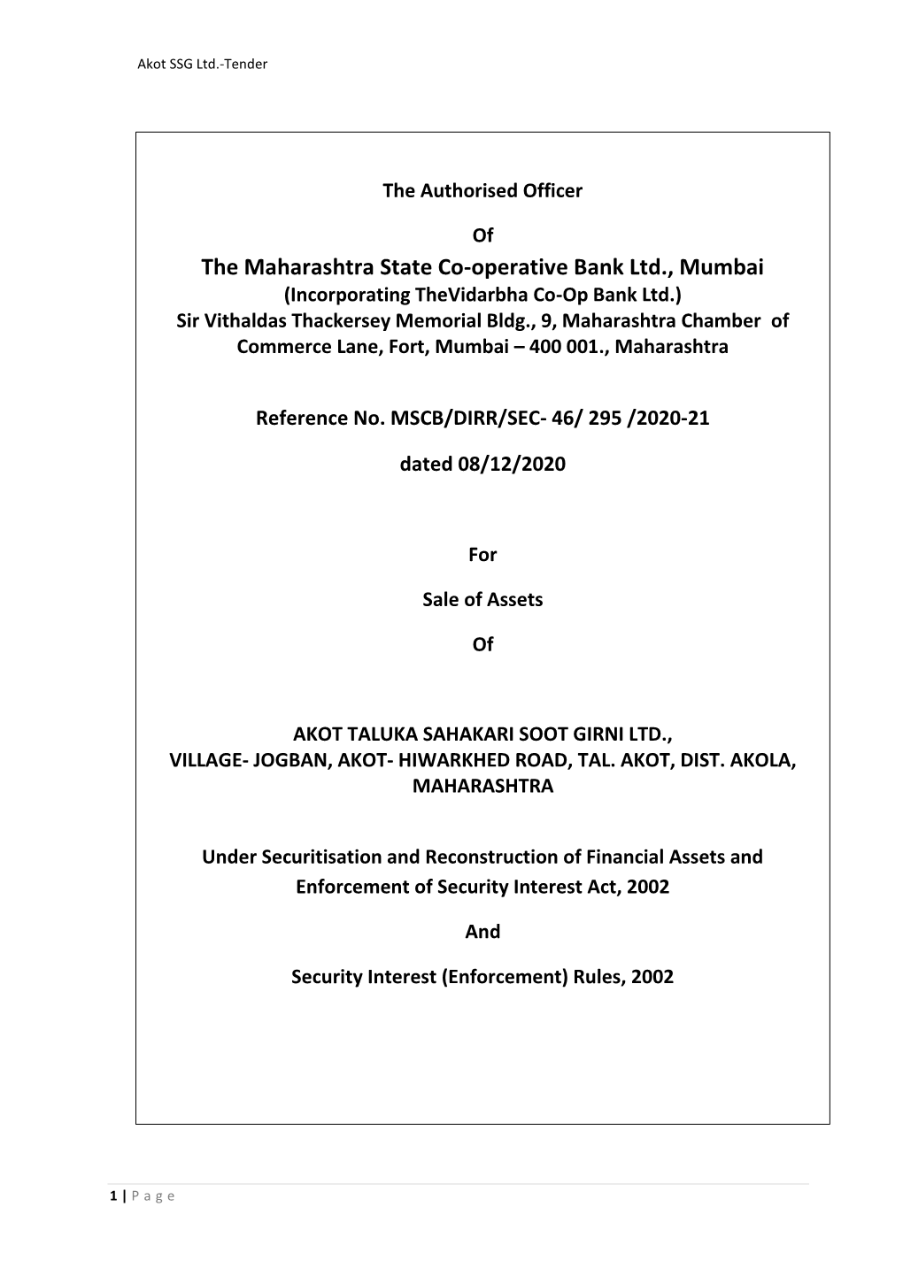 The Maharashtra State Co-Operative Bank Ltd., Mumbai