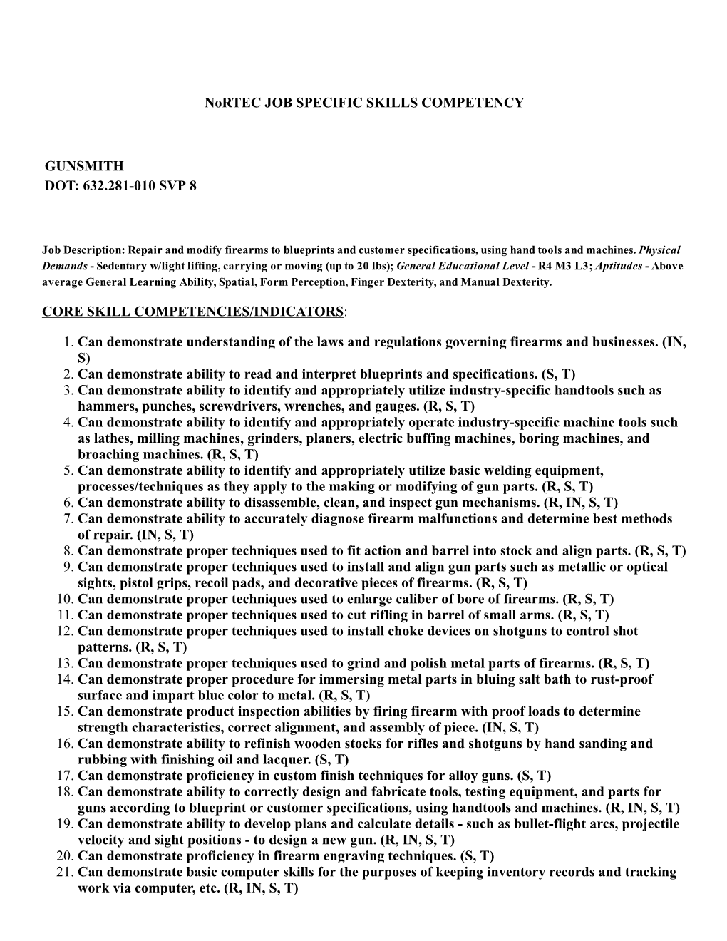 Nortec JOB SPECIFIC SKILLS COMPETENCY GUNSMITH DOT