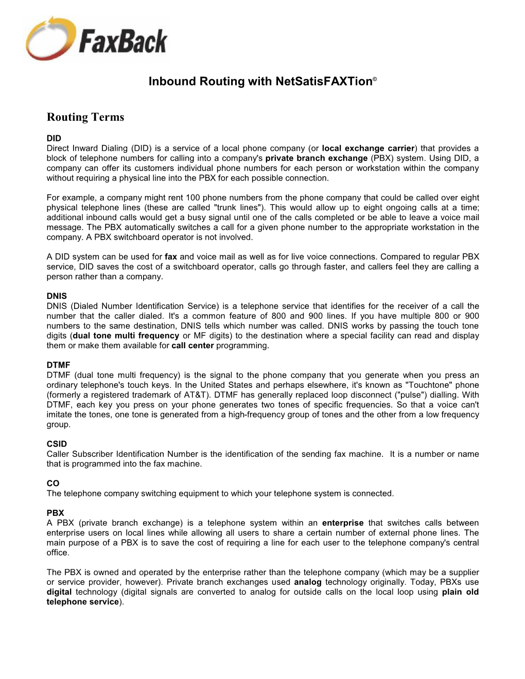 Inbound Routing with Netsatisfaxtion© Routing Terms