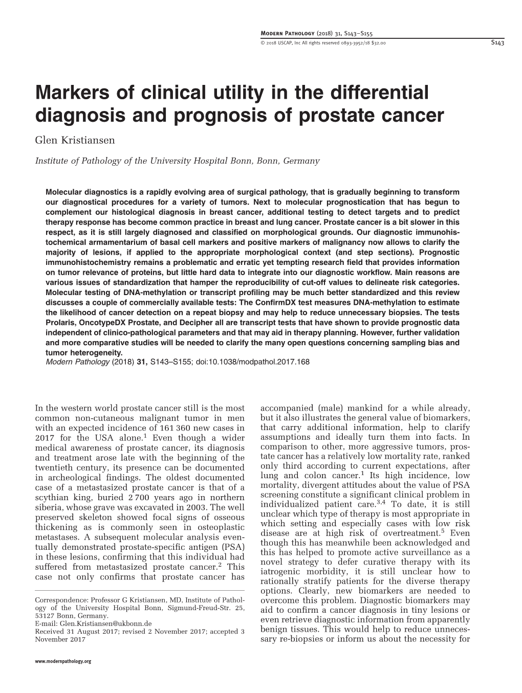 Markers of Clinical Utility in the Differential Diagnosis and Prognosis of Prostate Cancer Glen Kristiansen