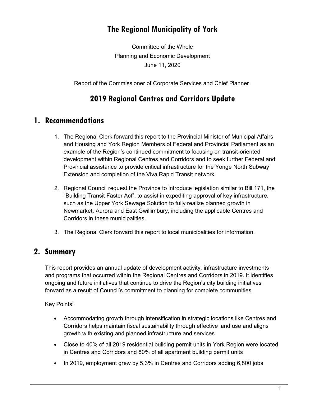 2019 Regional Centres and Corridors Update 1. Recommendations