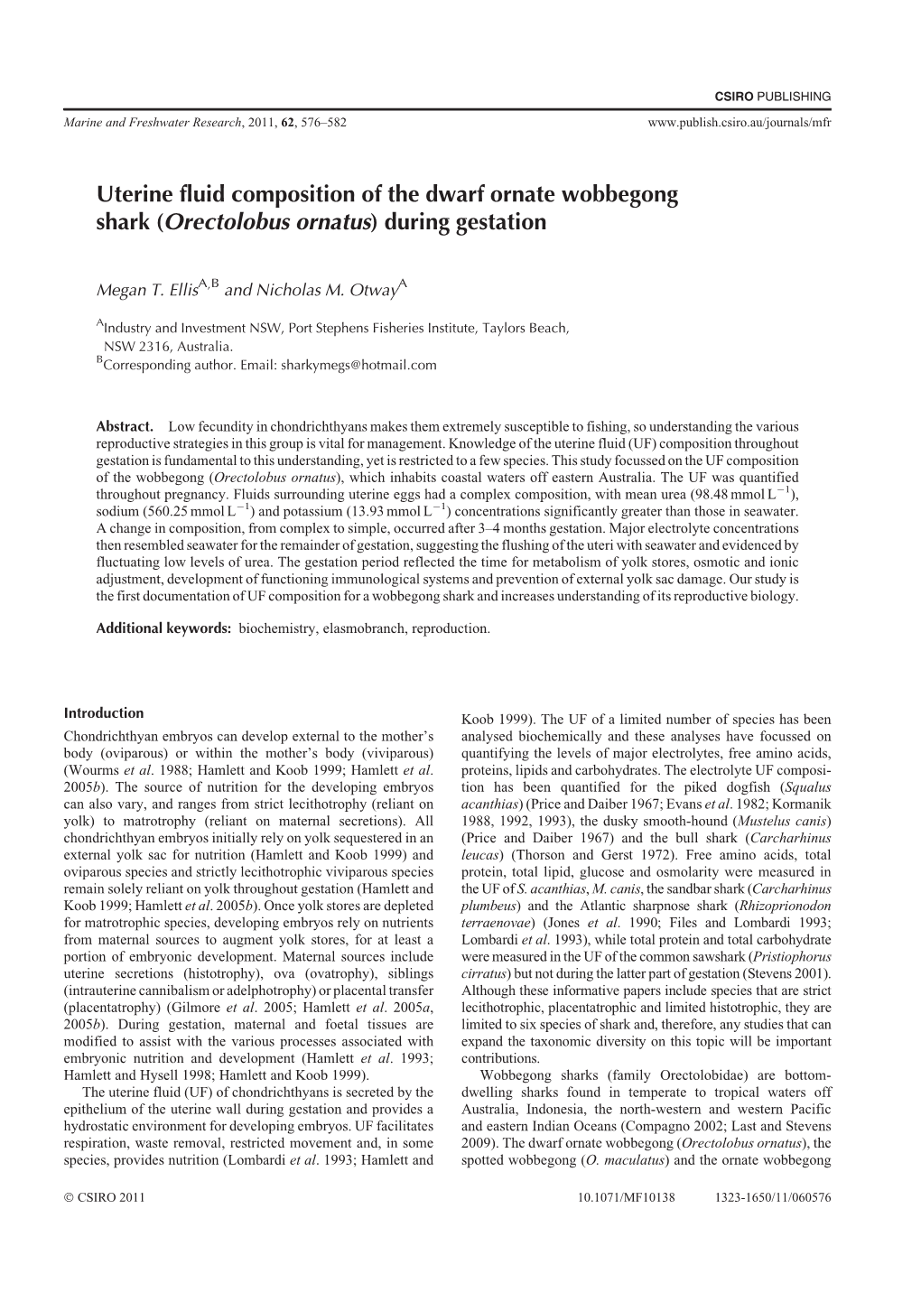 Uterine Fluid Composition of the Dwarf Ornate Wobbegong Shark (Orectolobus Ornatus) During Gestation