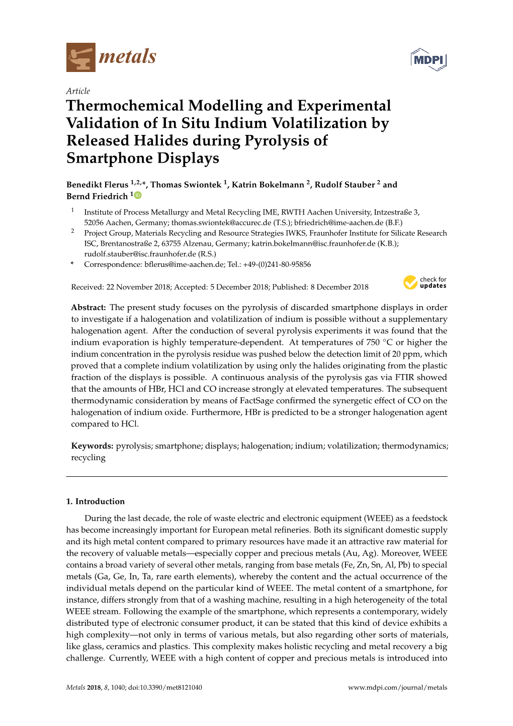 Thermochemical Modelling and Experimental Validation of in Situ Indium Volatilization by Released Halides During Pyrolysis of Smartphone Displays