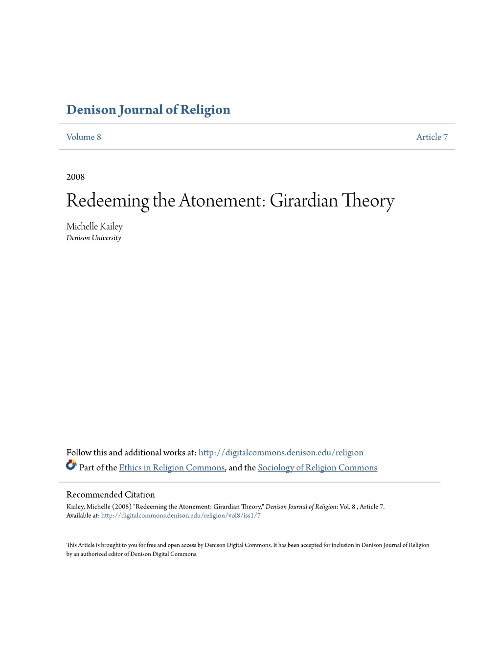 Redeeming the Atonement: Girardian Theory Michelle Kailey Denison University