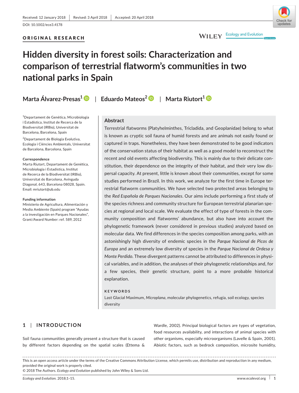 Hidden Diversity in Forest Soils: Characterization and Comparison of Terrestrial Flatworm’S Communities in Two National Parks in Spain