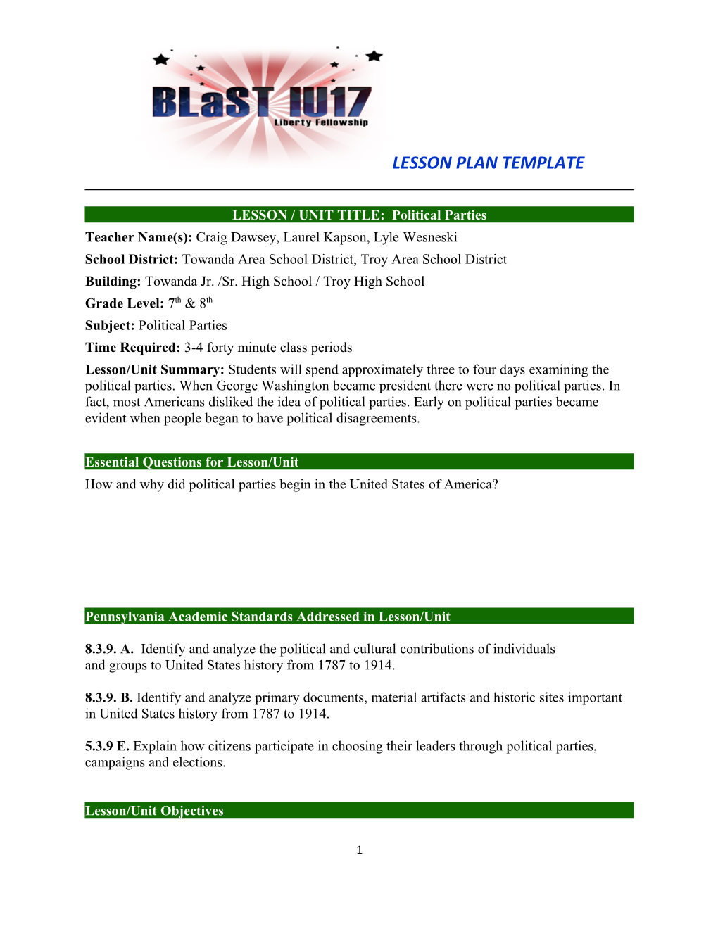 LESSON / UNIT TITLE: Political Parties