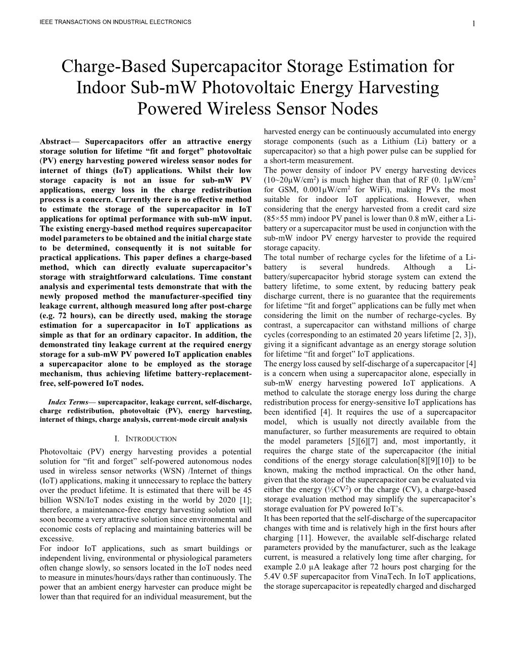 Charge-Based Supercapacitor Storage Estimation for Indoor Sub-Mw Photovoltaic Energy Harvesting Powered Wireless Sensor Nodes