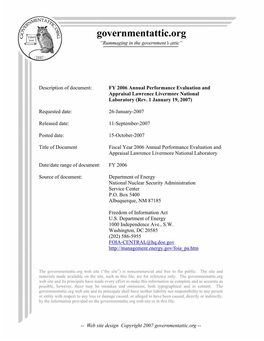 FY 2006 Annual Performance Evaluation and Appraisal Lawrence Livermore National Laboratory (Rev