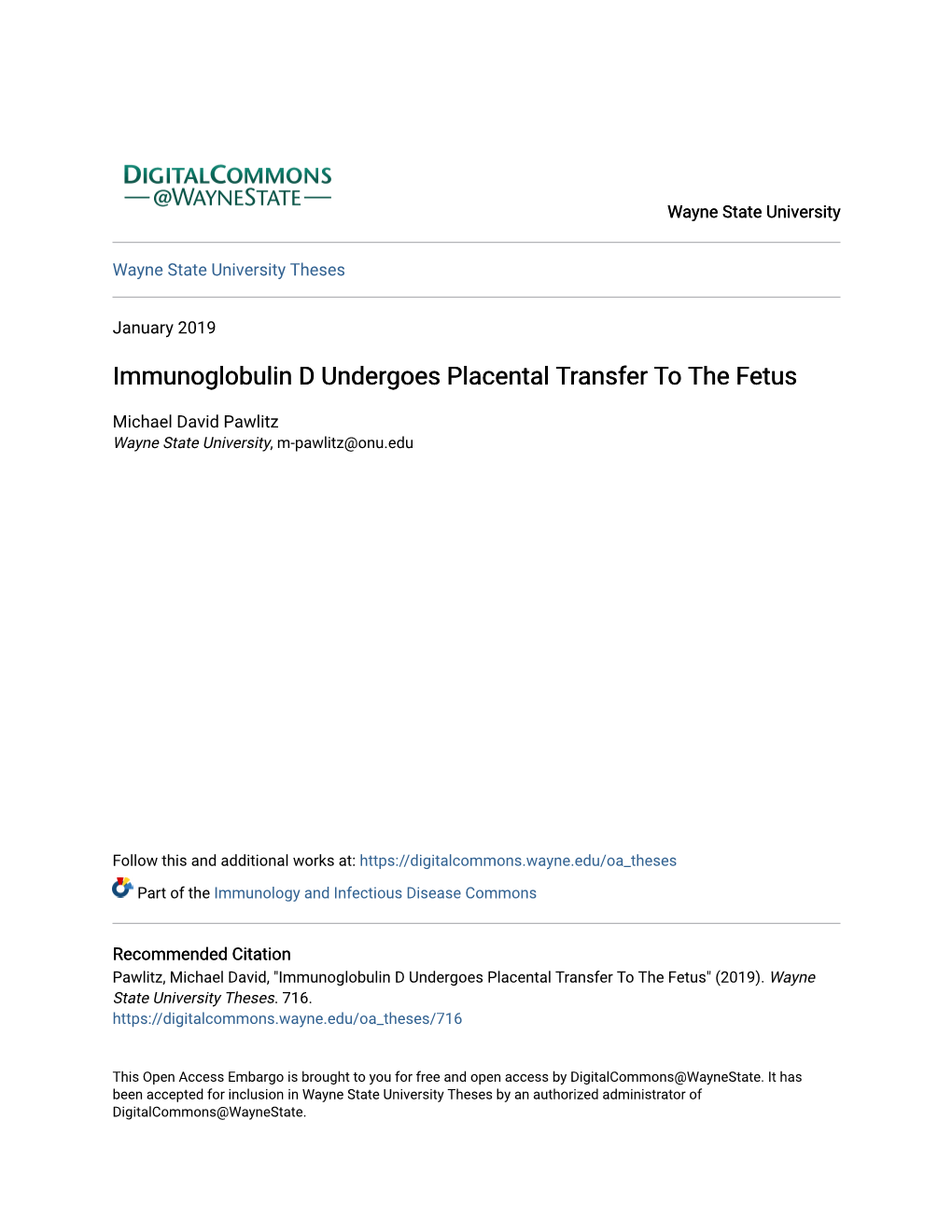 Immunoglobulin D Undergoes Placental Transfer to the Fetus