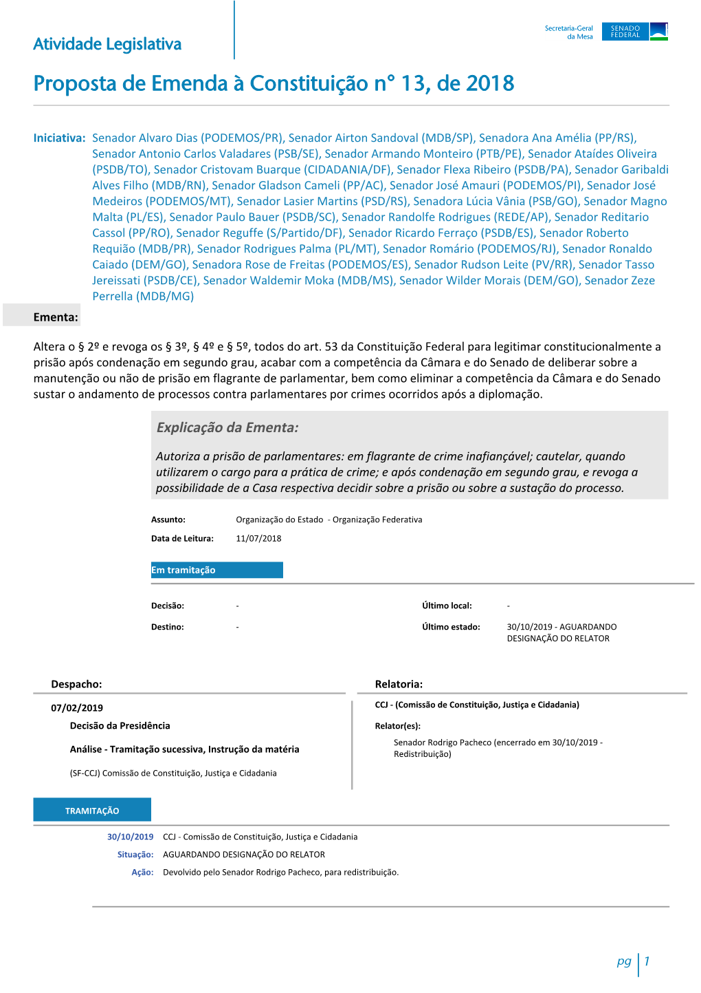 Proposta De Emenda À Constituição N° 13, De 2018