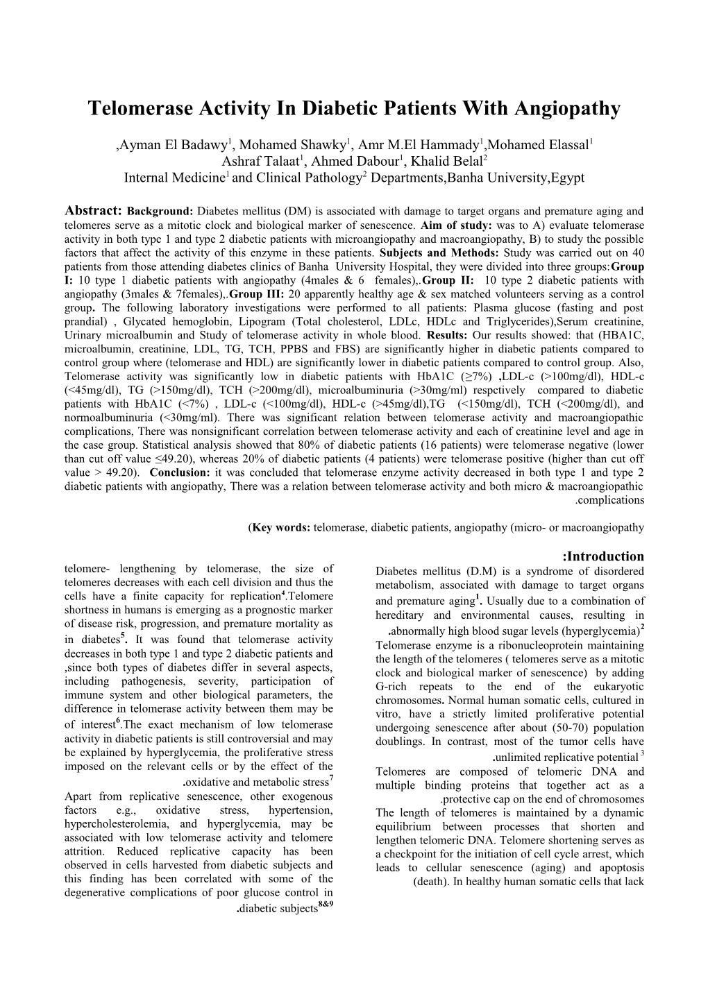 Telomerase Activity in Diabetic Patients with Angiopathy