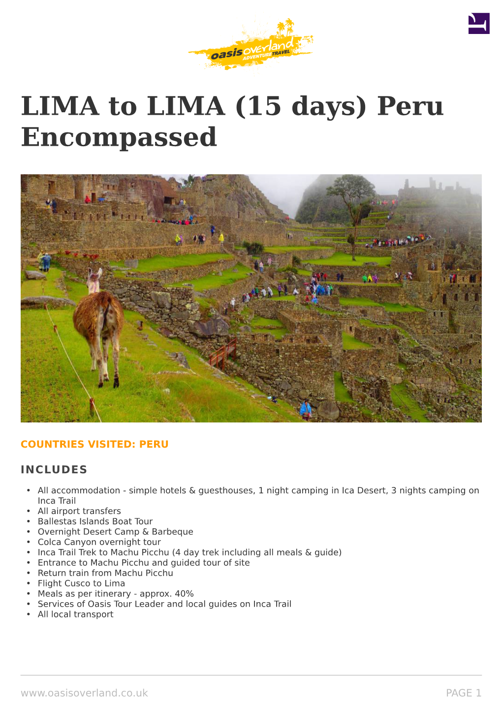 LIMA to LIMA (15 Days) Peru Encompassed
