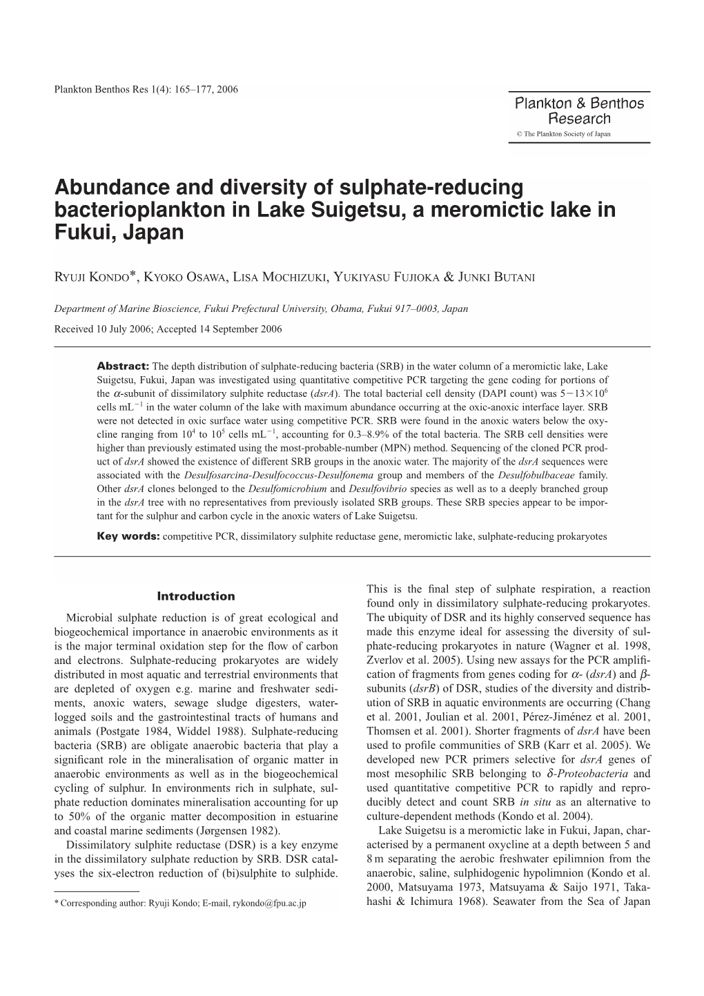 Abundance and Diversity of Sulphate-Reducing Bacterioplankton in Lake Suigetsu, a Meromictic Lake in Fukui, Japan