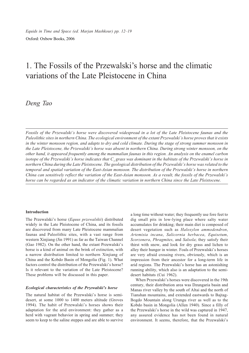 1. the Fossils of the Przewalski's Horse and the Climatic Variations Of