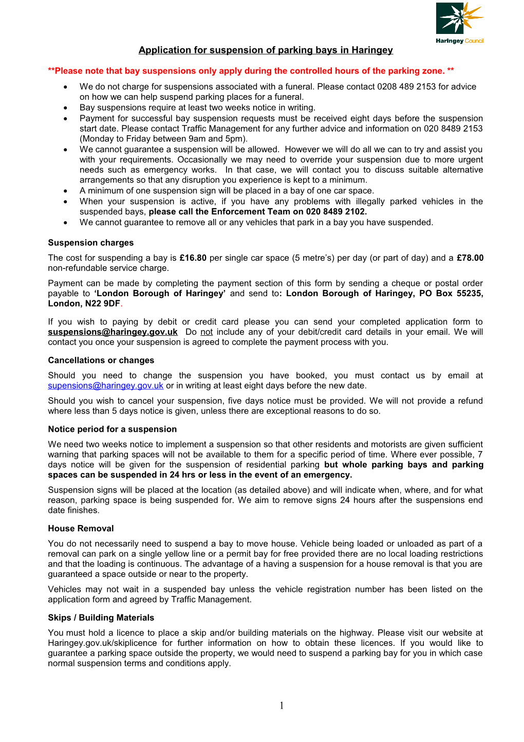 Application for Suspension of Parking Bays in Haringey