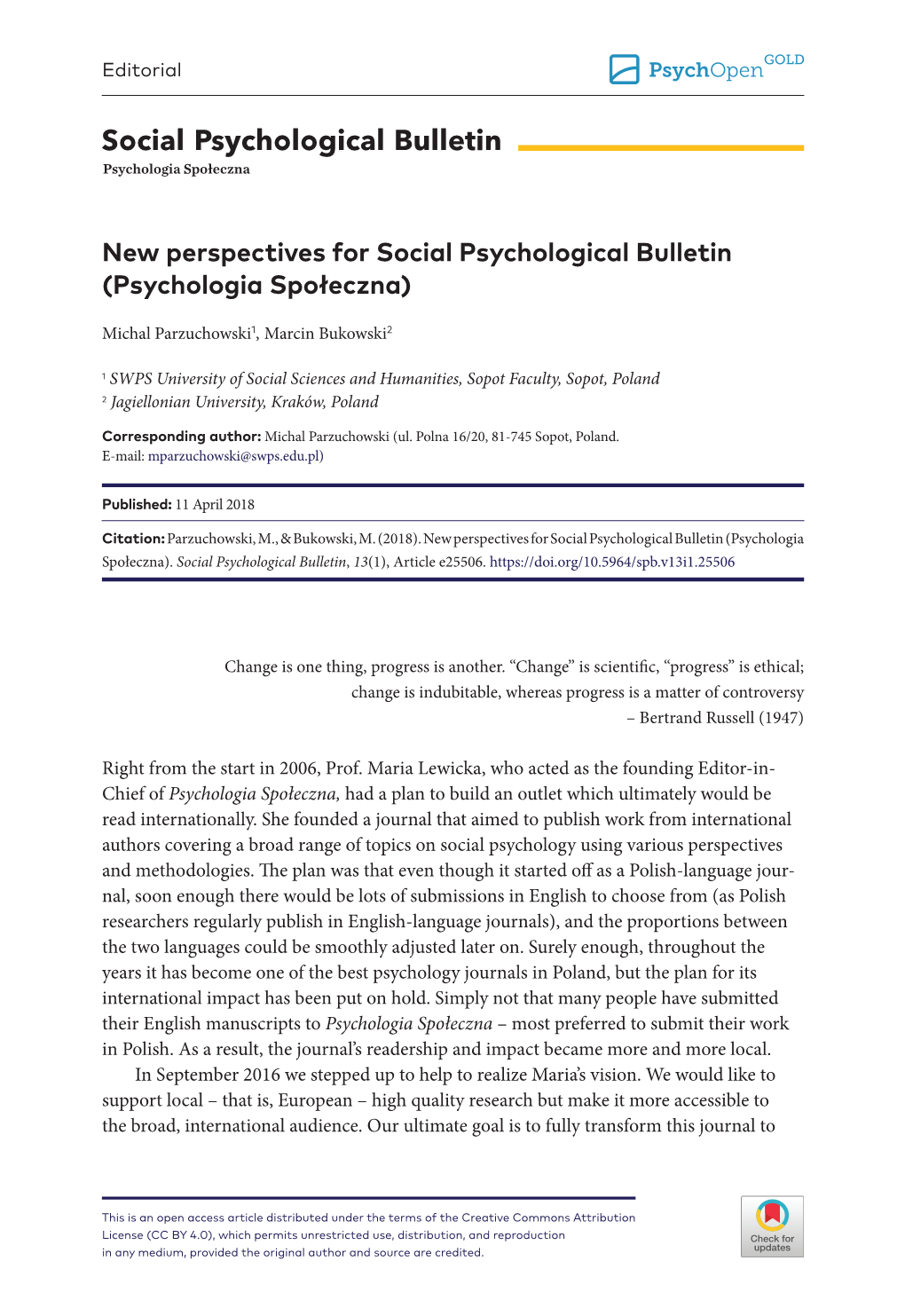 New Perspectives for Social Psychological Bulletin (Psychologia Społeczna)