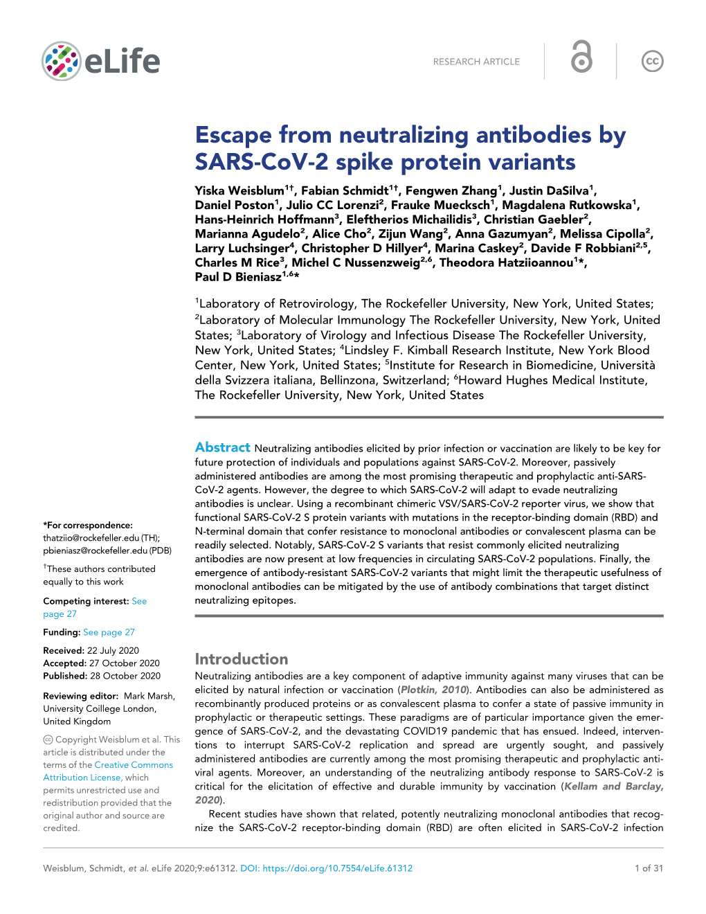 Escape from Neutralizing Antibodies by SARS-Cov-2 Spike Protein Variants