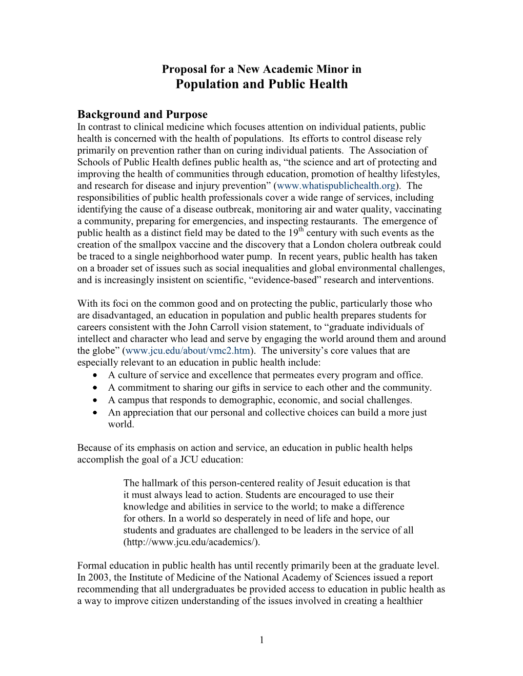 Proposal for a New Academic Minor in Population and Public Health