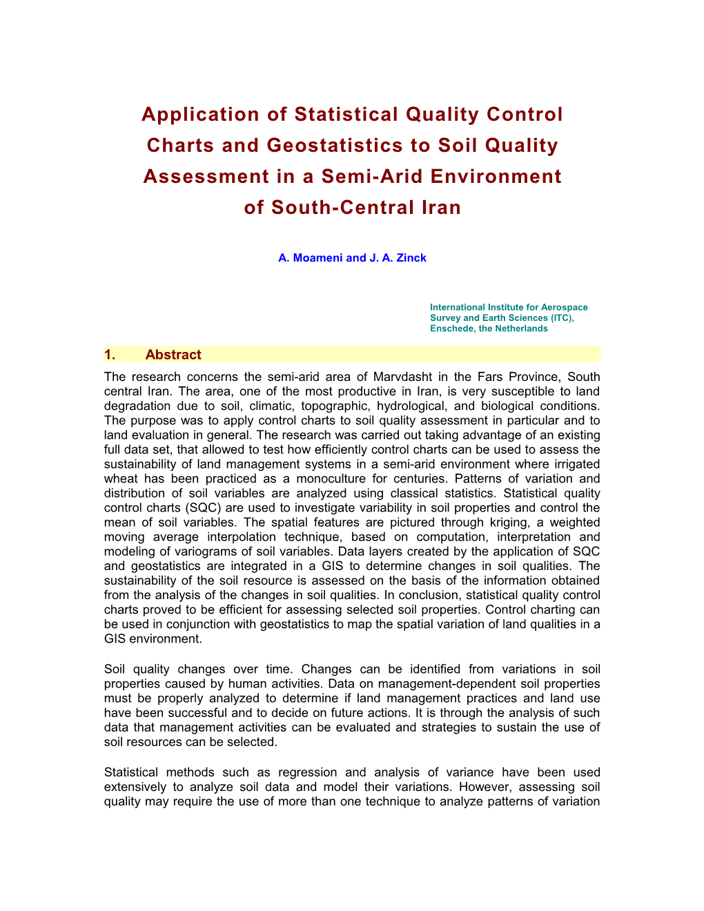 Table Summary of the Statistics for Soil Organic Carbon Conten in Marvdasht Area