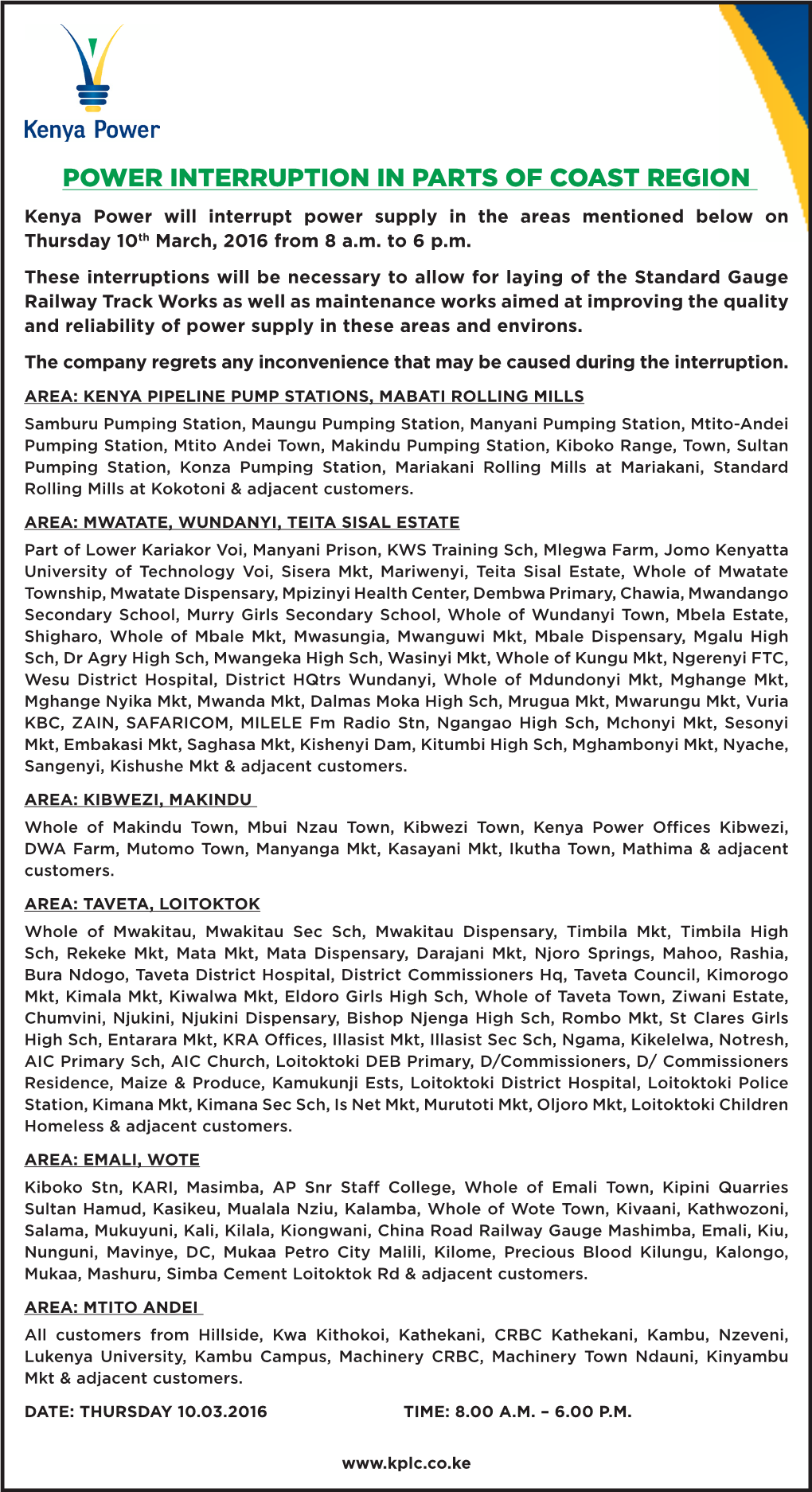 POWER INTERRUPTION in PARTS of COAST REGION Kenya Power Will Interrupt Power Supply in the Areas Mentioned Below on Thursday 10Th March, 2016 from 8 A.M