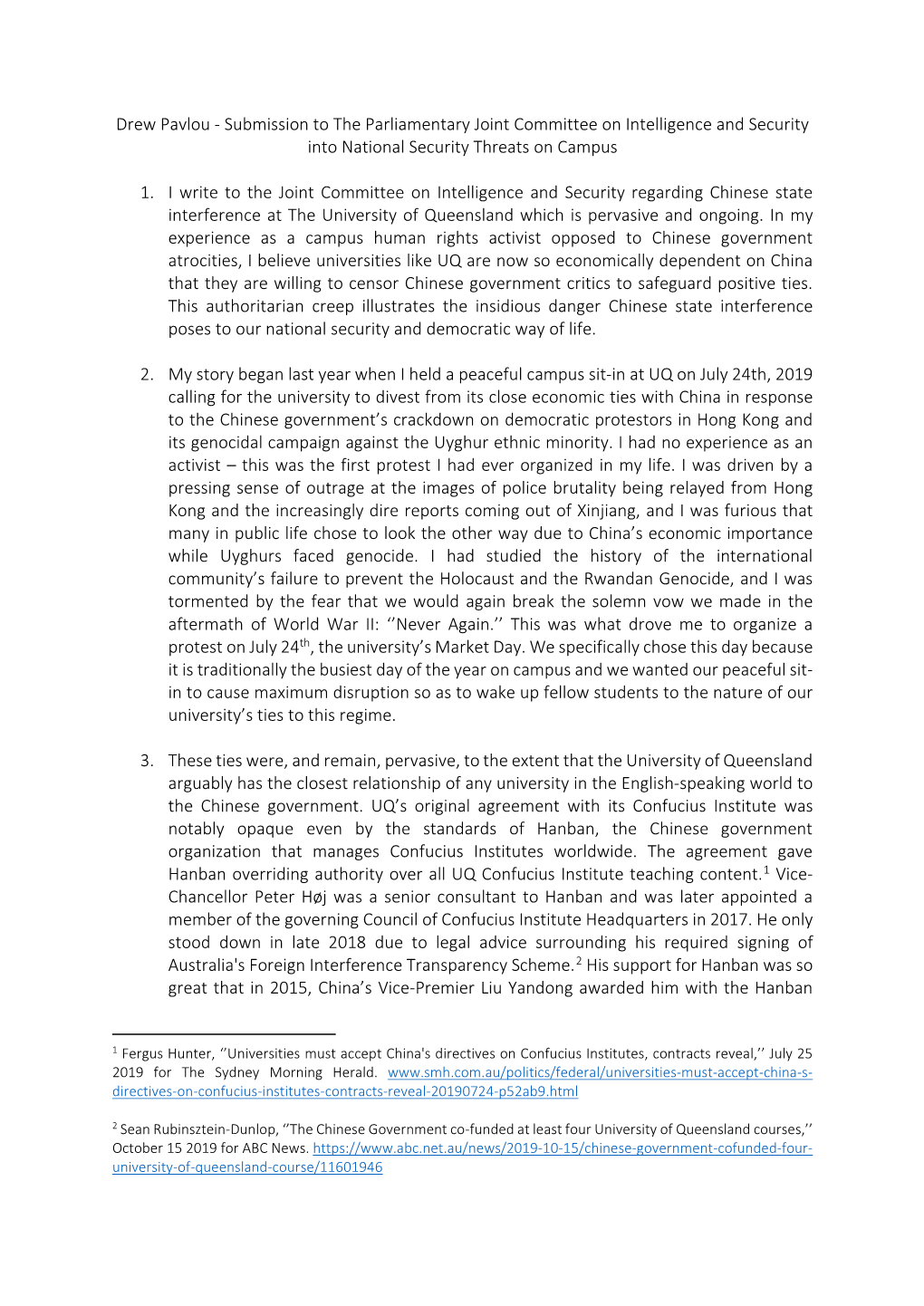 Drew Pavlou - Submission to the Parliamentary Joint Committee on Intelligence and Security Into National Security Threats on Campus