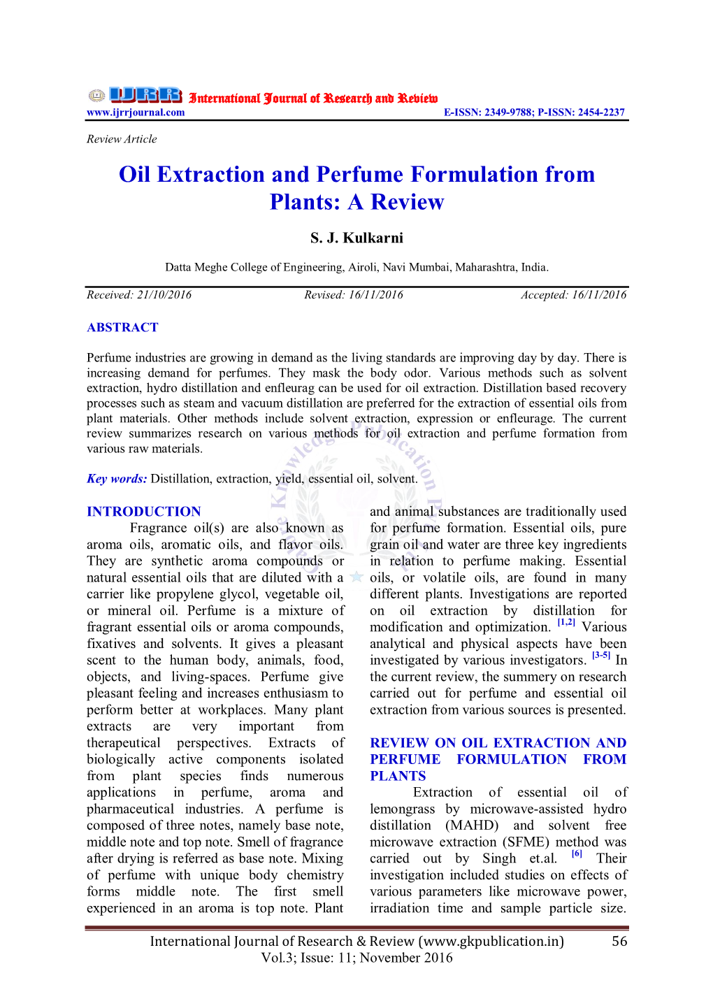 Oil Extraction and Perfume Formulation from Plants: a Review