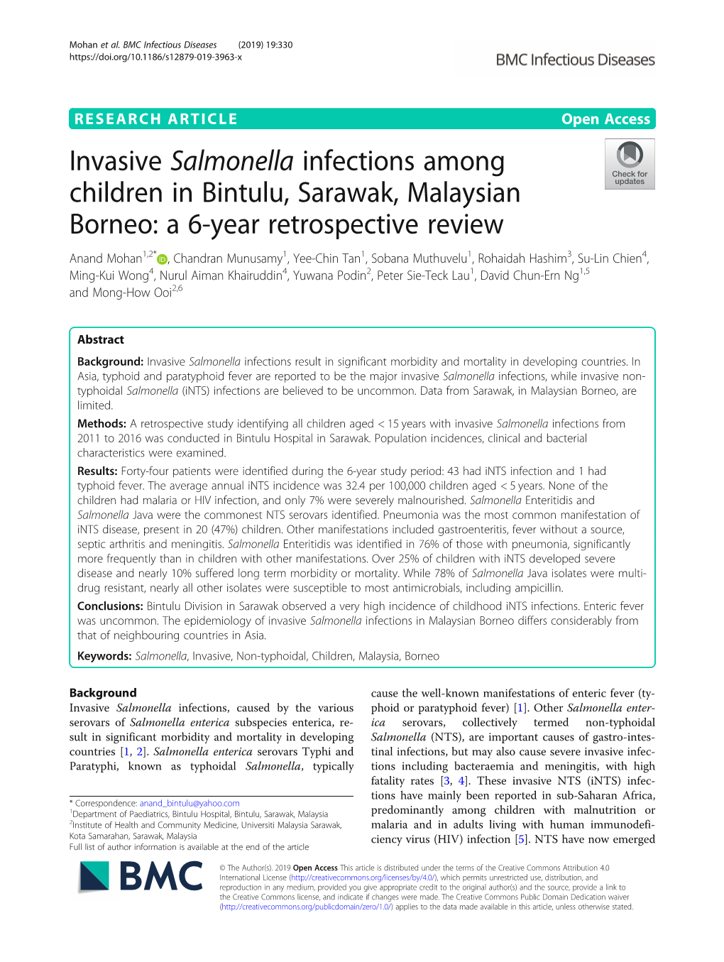 Invasive Salmonella Infections Among Children in Bintulu, Sarawak