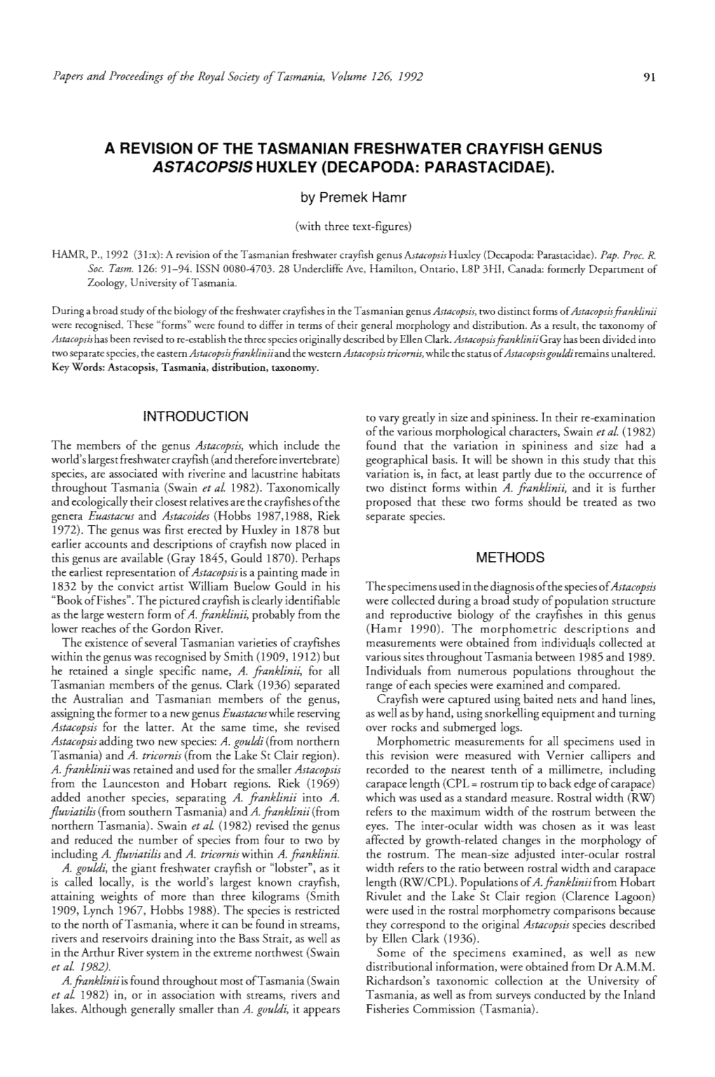 A Revision of the Tasmanian Freshwater Crayfish Genus Astacopsis Huxley (Decapoda: Parastacidae)