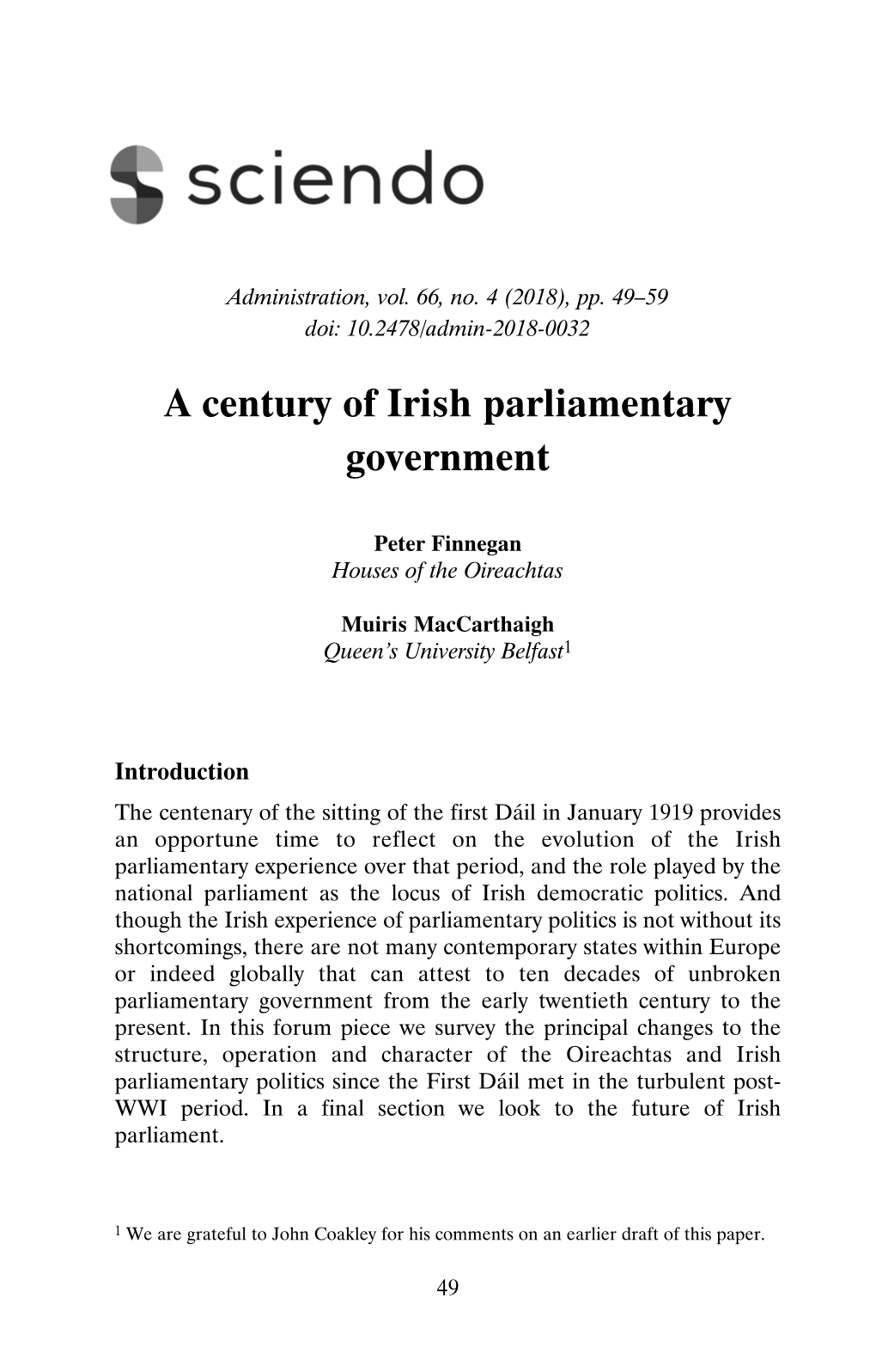 A Century of Irish Parliamentary Government