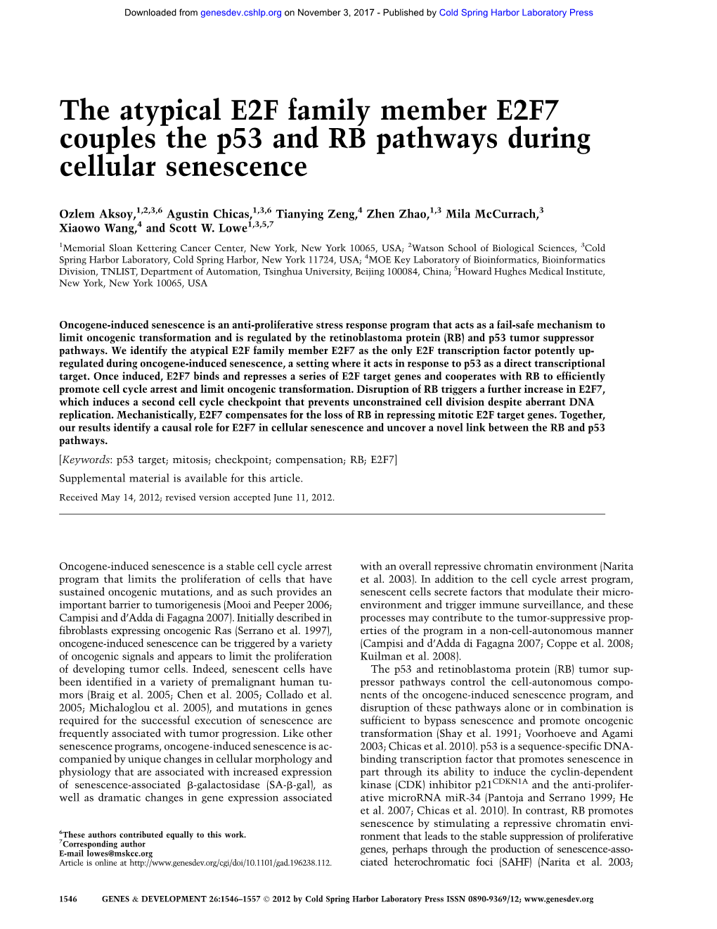 The Atypical E2F Family Member E2F7 Couples the P53 and RB Pathways During Cellular Senescence