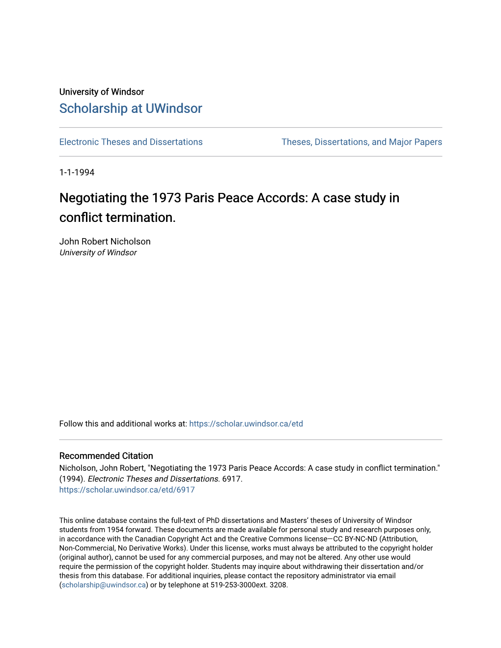 Negotiating the 1973 Paris Peace Accords: a Case Study in Conflict Termination