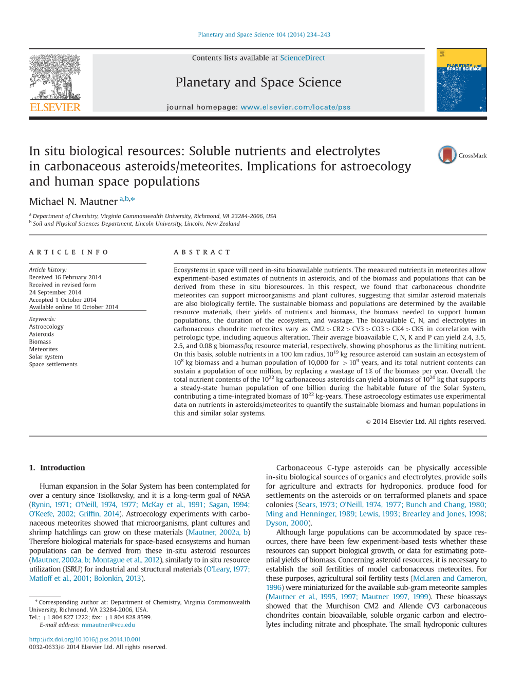 Soluble Nutrients and Electrolytes in Carbonaceous Asteroids/Meteorites